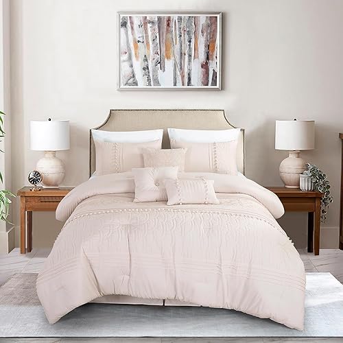 Miniatura 2 de Chezmoi Collection Grace - Juego de edredón de 7 piezas de felpilla bordada con pompones, diseño floral, color rosa rubor, tamaño matrimonial