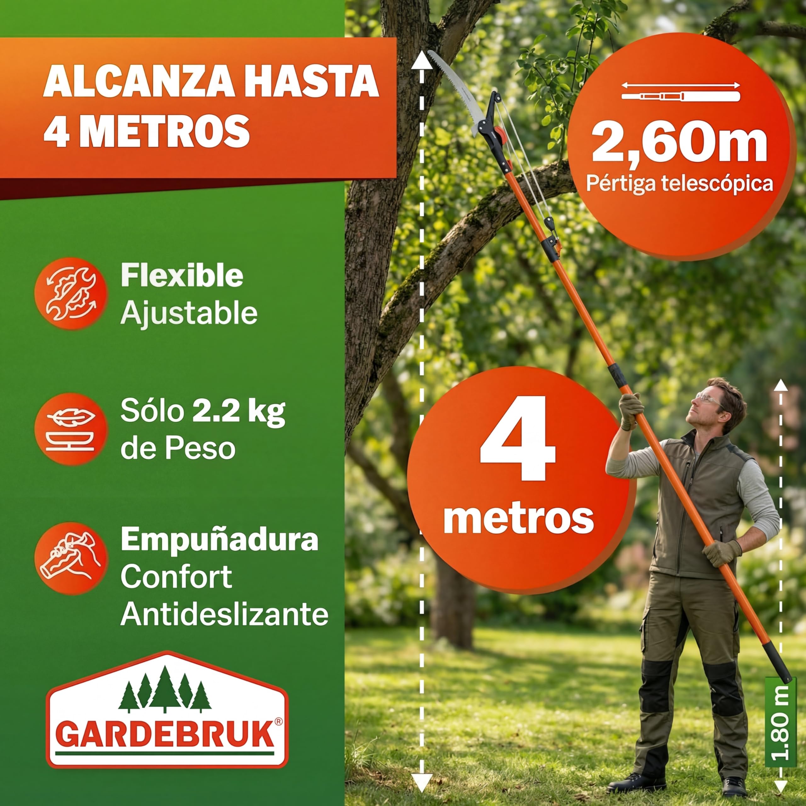 DEUBA® Tijeras de Podar Telescópica Sierra Podadora de altura 2en1 4 Metros Corta Ramas Gruesas Árboles Setos Serrucho Herramientas de Jardinería
