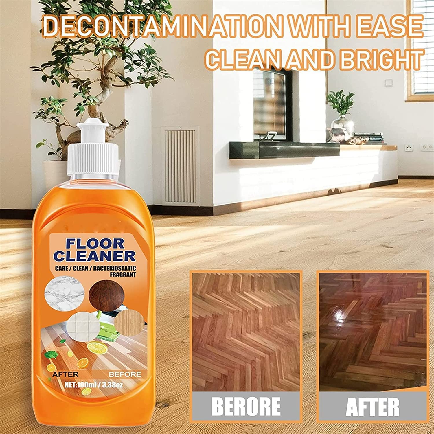 Potente limpiador de suelos descontaminante, limpiador de suelos de madera, limpiador de azulejos iluminador, limpiador de suelos natural, fuerte descontaminación, para suelos, azulejos (1 unidad)
