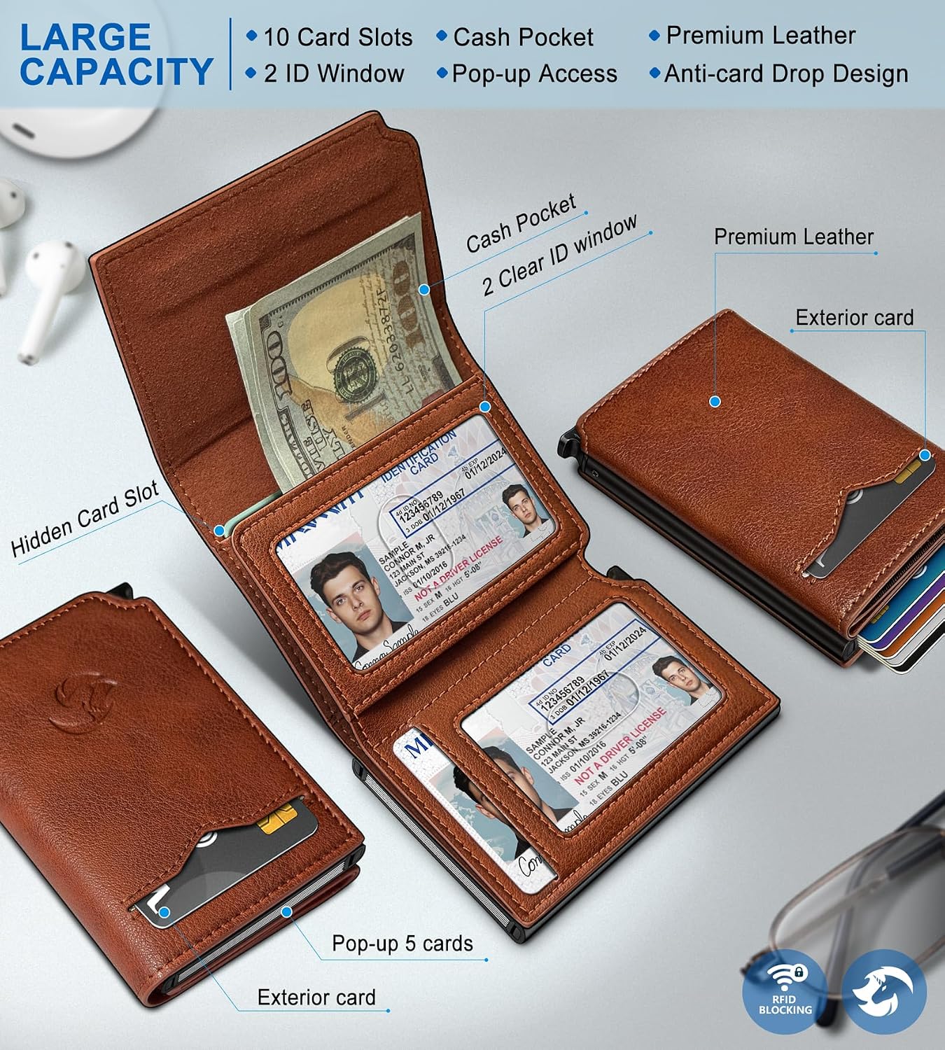 Wallet for Men, Slim Pop Up Card Holder with RFID Blocking, Minimalist Trifold Wallet with 10 Card Slots, Cash Pocket and 2 ID Window, Metal Flip Case with Magnetic Closure, Gift Boxed image 2