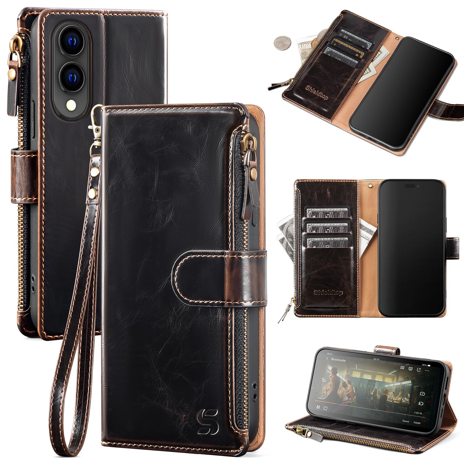 Shieldtop Compatible with Samsung Galaxy S25 Edge Wallet Case with Card Holder,PU Leather Phone Case Flip Protective Cover Wrist Strap Zipper Pocket