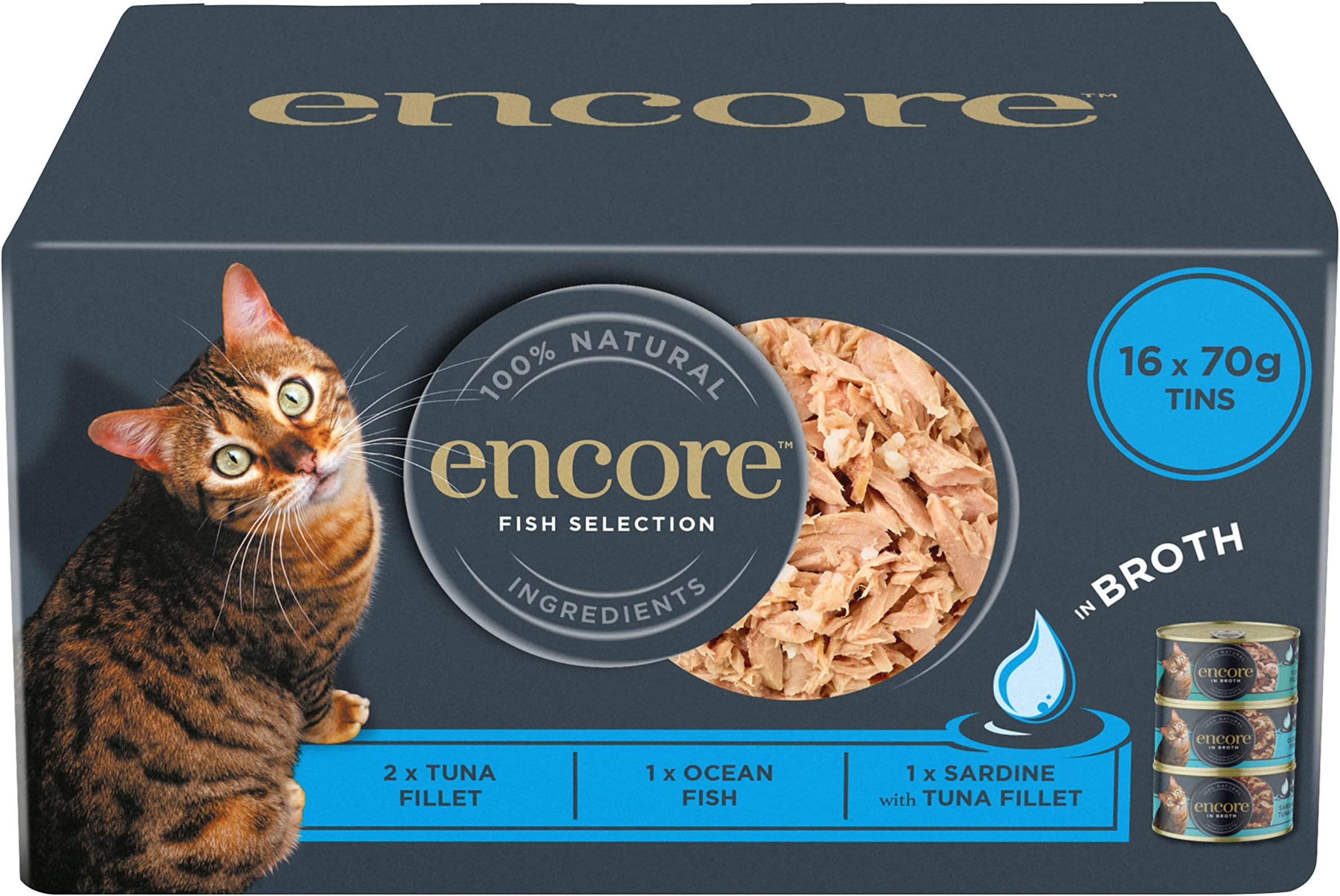 Encore100% Natural Wet Cat Food, Multipack Fish Selection in Broth 70g Tin (16 Pack)