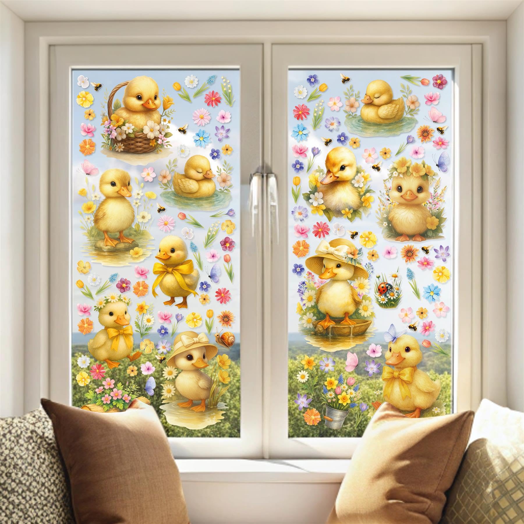 Walplus Happy Little Ducklings Window Stickers - Double-Sided Decorative Glass & Window Clings, Reusable Easy To Apply & Remove Window Decals, 95 Clings In 9 Sheets (30X20 Cm)