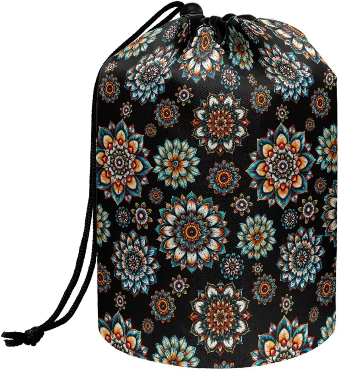 Poceacles Bohemian Flower Blue Black Drawstring Makeup Bags for Women, Large Capacity Travel Cosmetic Bag Multi-functional Bucket Toiletry Bag Organizer Storage Pocket