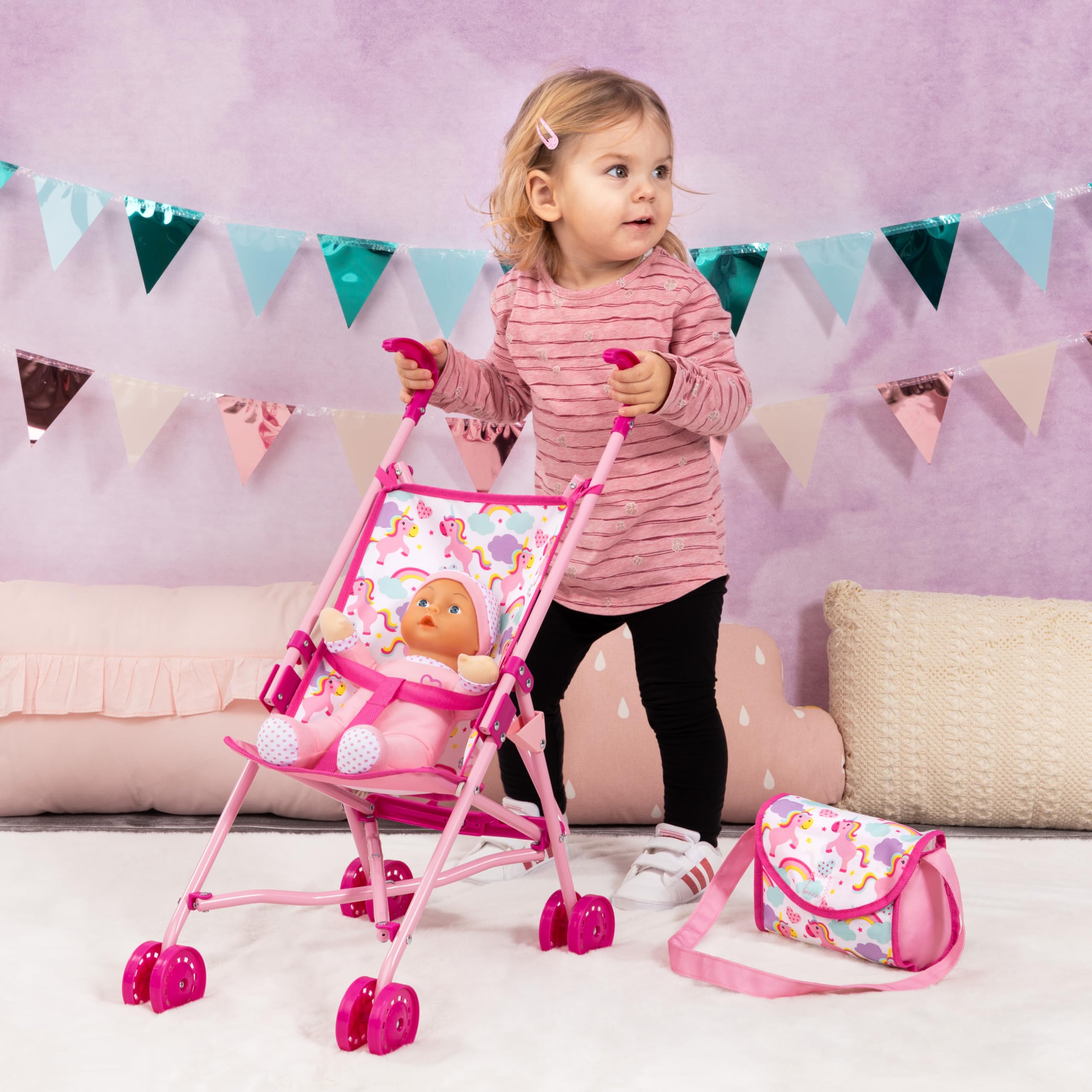 Bayer Design 30585AB passeggino pieghevole per bambole, bambola, borsa, accessori, fasciatoio