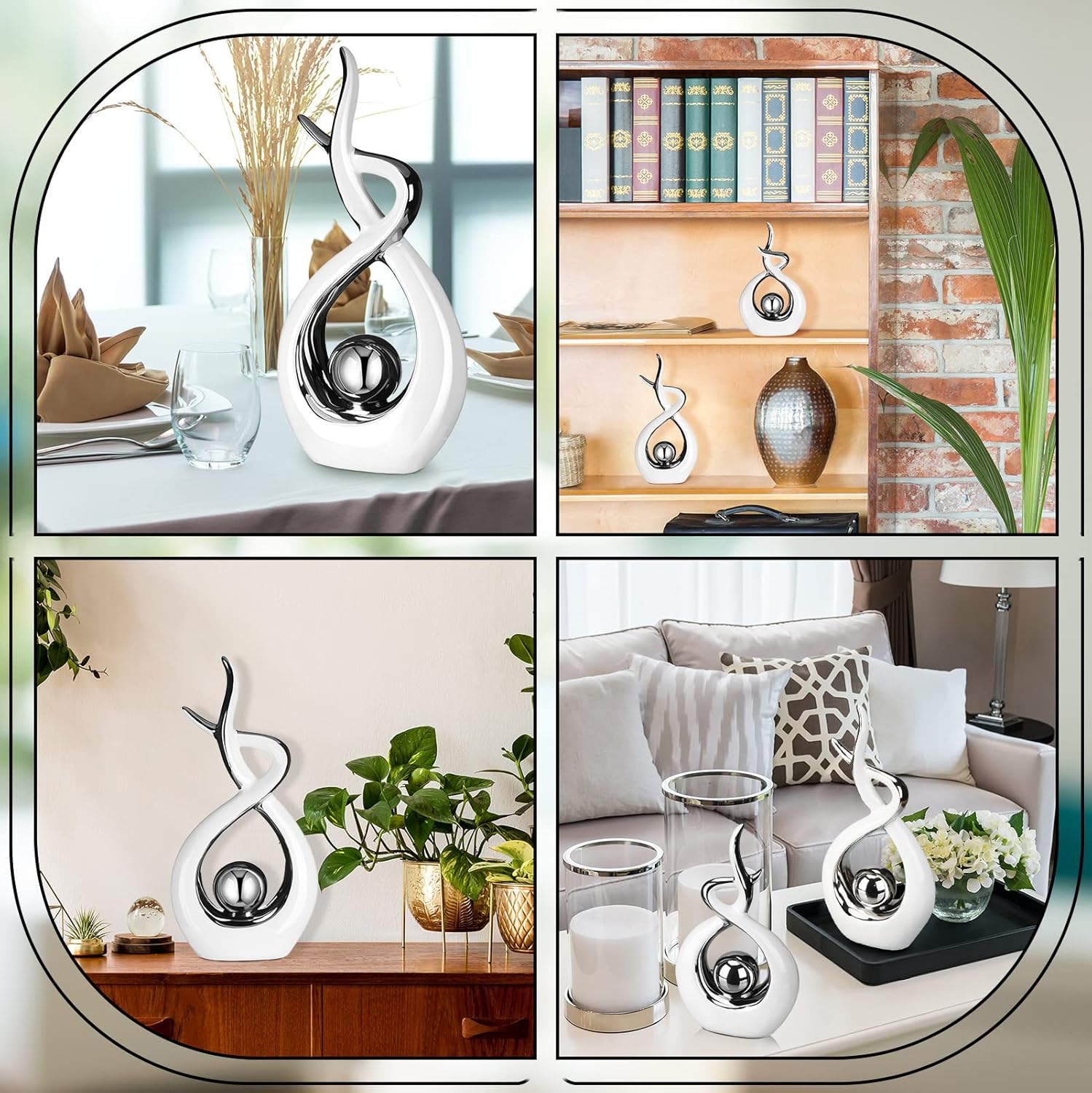 Gerrii 2 Pcs Modern Room Ceramic Decor Center Pieces Table Decorations Ceramic Statue Coffee Table Decor Centerpiece for Home Office Coffee Living Room, 2 Size(White, Silver)