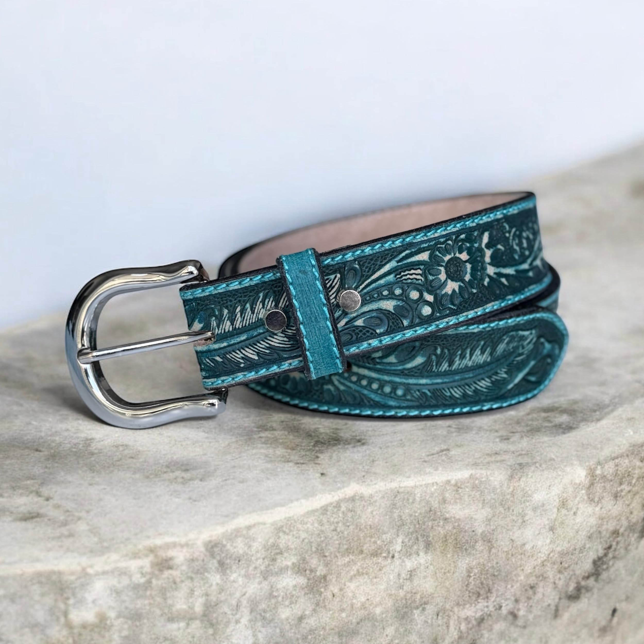 DANIEL'S ARTPLANET Western Belt for Men Full Grain One Piece Leather Cowboy Handmade 1.5” Wide Belt with Buckle Engraved Tooled (46 (fits 44