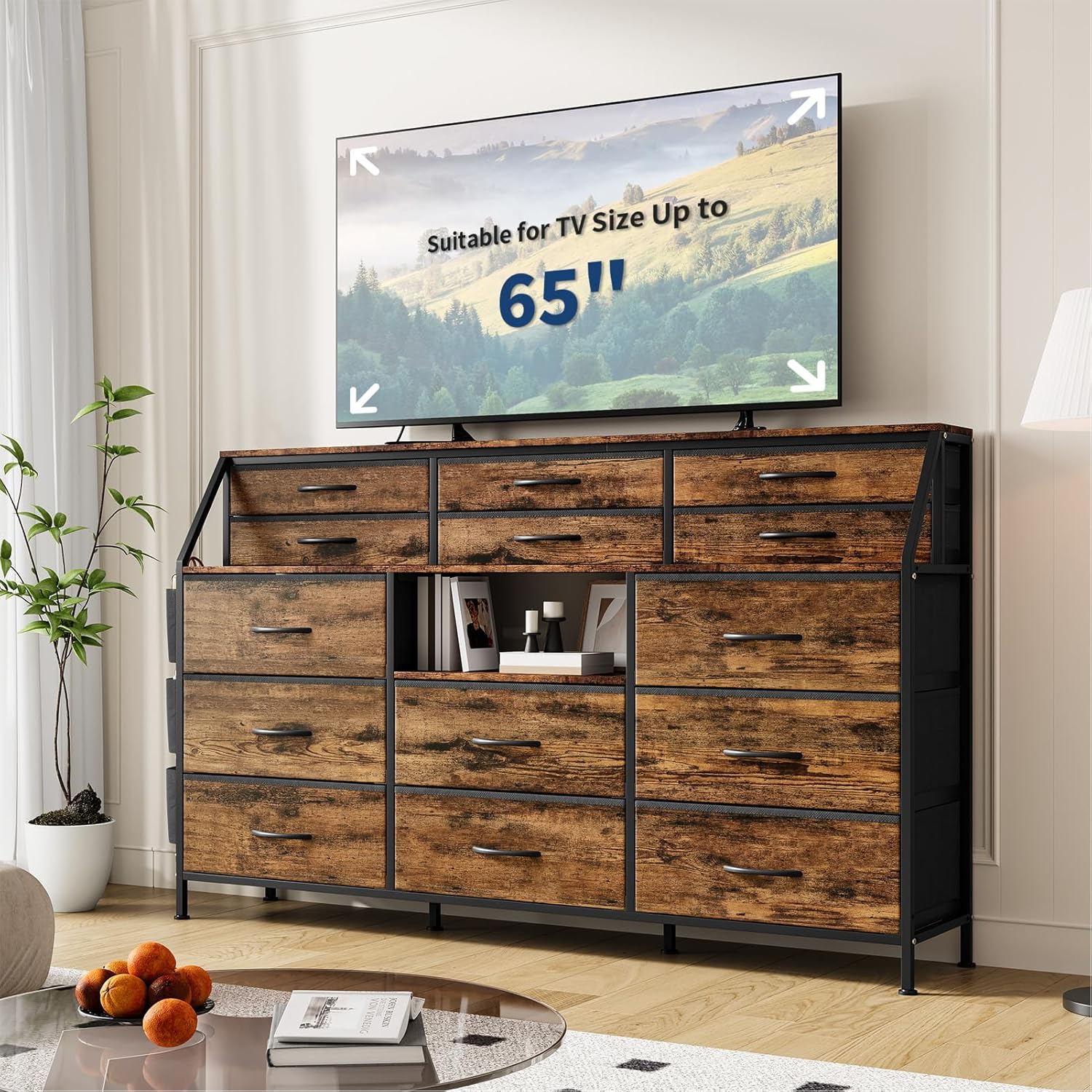Close-up images detailing the features of the Patikuin dresser: extra storage space on the side, reinforced stability with crossbars, fabric drawers with handles, and adjustable feet for leveling.