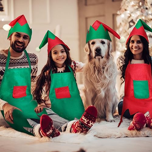 Miniatura 2 de Juego de delantal y sombrero de elfo navideño de 8 piezas para suministros de disfraces de fiesta de Navidad (colores frescos)