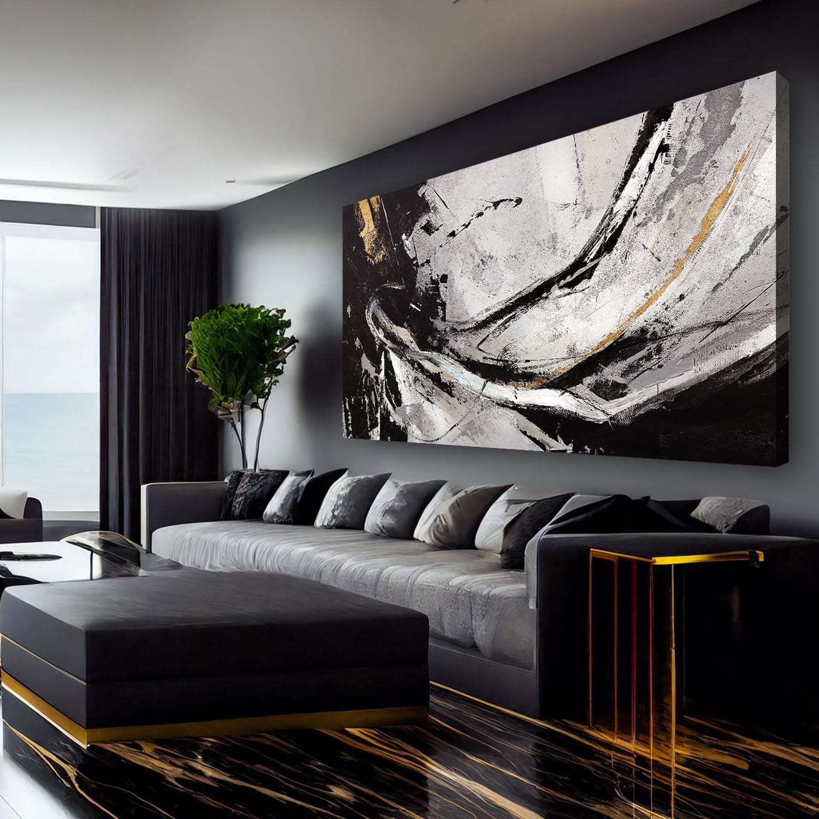 - XIANSHOU Abstract Canvas Wall Art Gold Decoration Black Art for Living Room Bedroom Kitchen Home Wall Decor 29x58 Inch