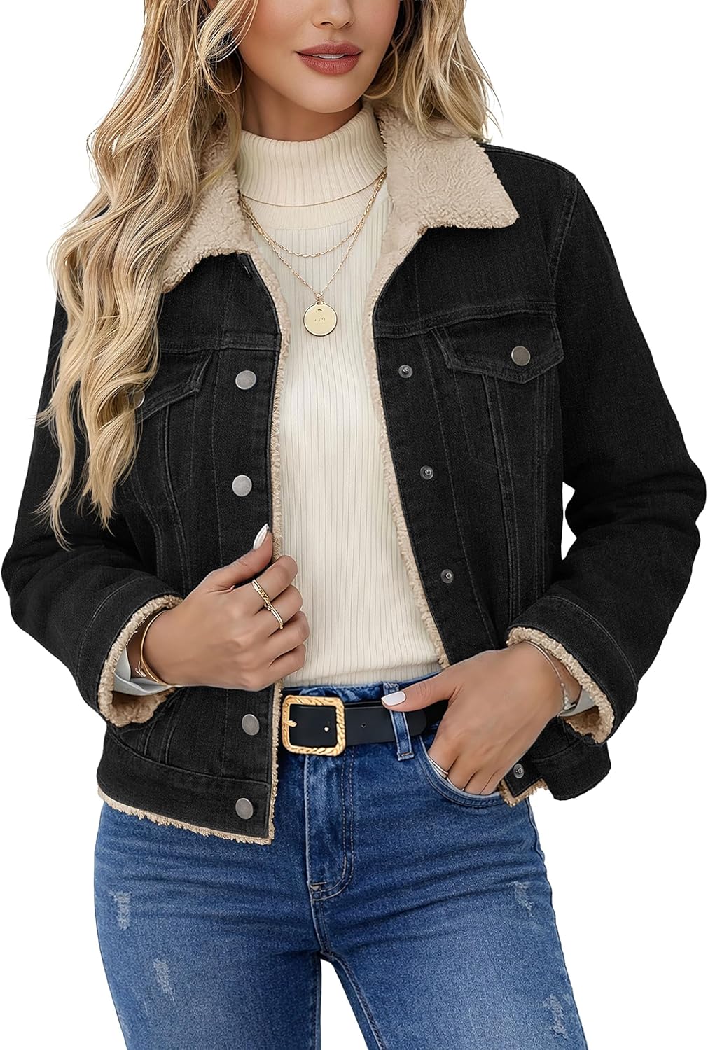YUCOLEN Women's Denim Jacket Sherpa Lined Fleece Jean Coat Fur Collared Warm Button Down Trucker Jackets with Pockets