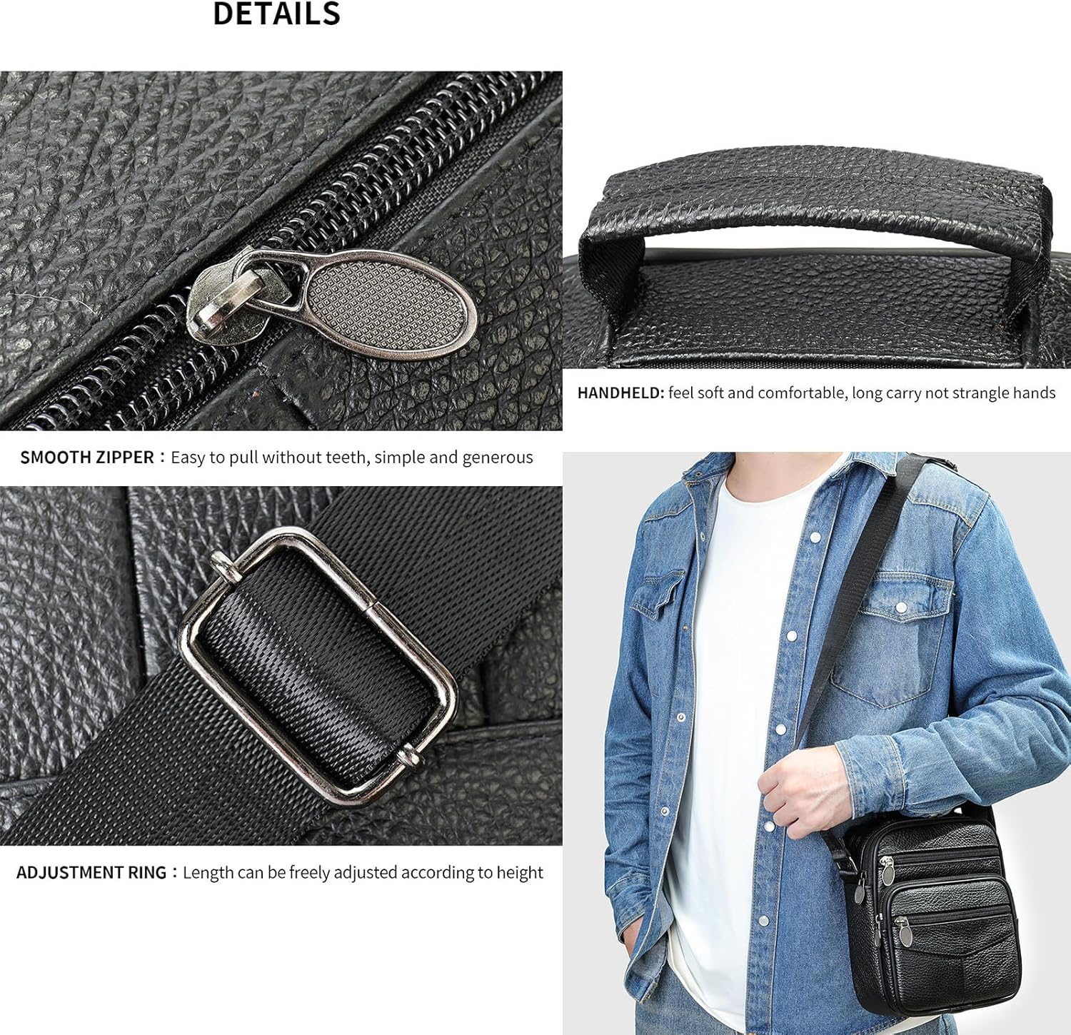 Small Genuine Leather Messenger Shoulder Crossbody Bag for Men Women Travel Work Business Adjustable straps - Image 2