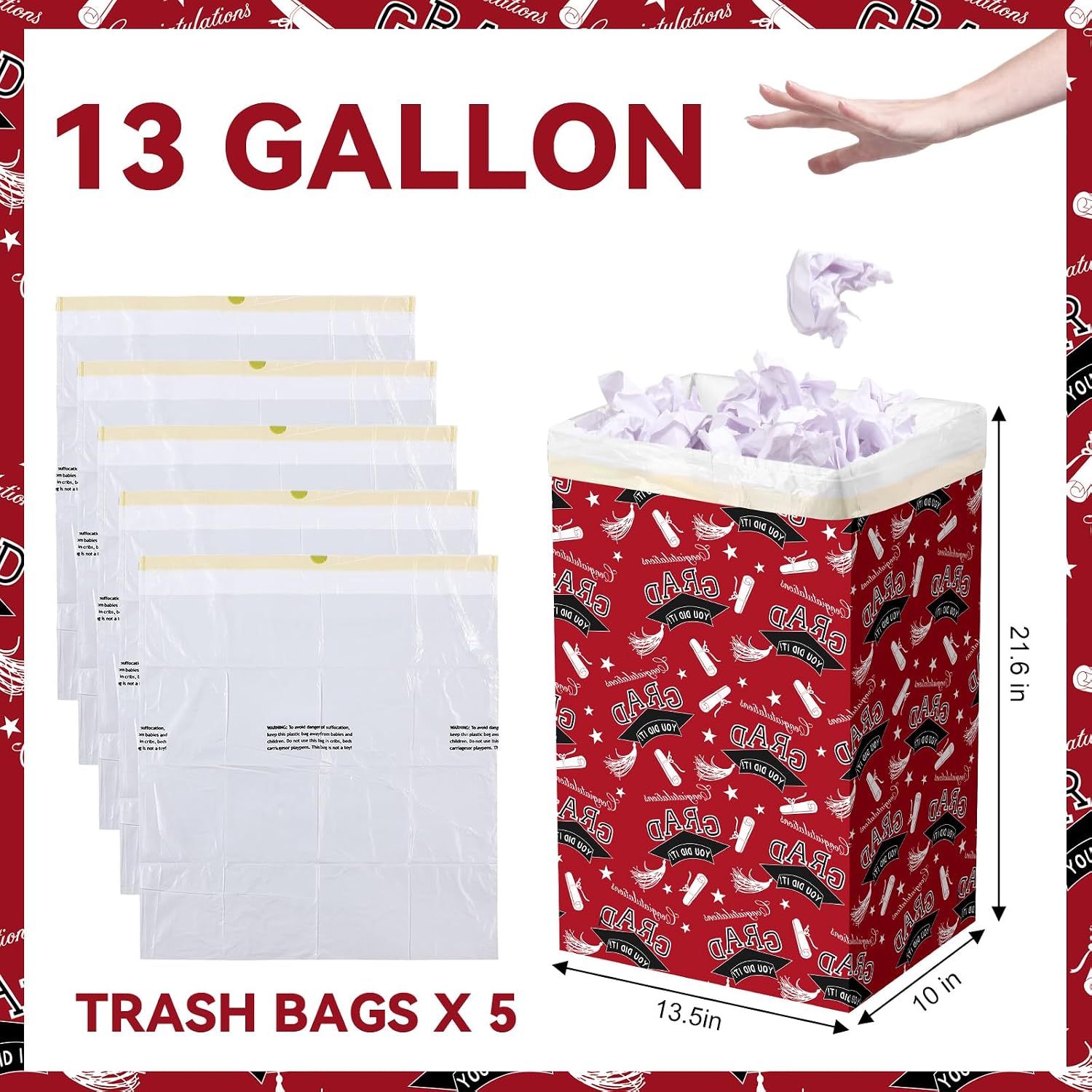 Epakh 4 Pack Red Disposable Pop up Trash Cans for Graduation Parties (13 Gallon 21.6" H x 13.5" W x 10" D) with 5 Fitted Bags Portable Foldable Extra Thick Garbage Bins for Event Kitchen Camping