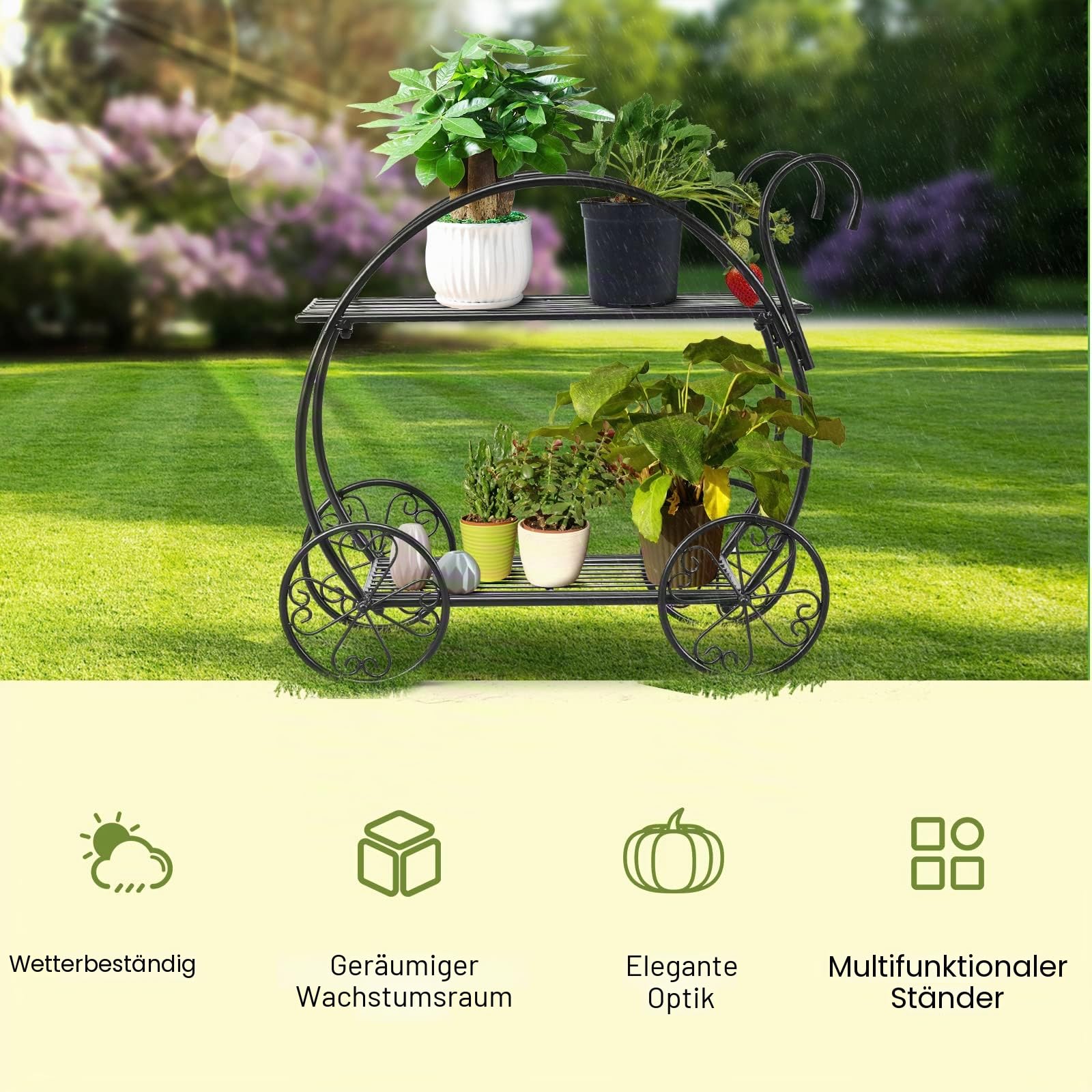 HOMASIS Metall-Pflanzenregal, Einzigartiger & filigraner Blumenständer für draußen, 2-stufiger schmiedeeiserner Pflanzenständer für Balkon, Wohnzimmer, 66 x 34 x 62,5 cm, Schwarz