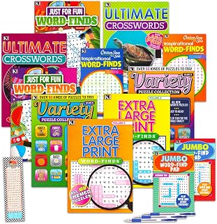 10-Pack Variety Word Search and Crossword Puzzle Books for Adults - Bundle 10 Puzzle Over 20,000 Words, Bonus 2 Pocket Travel Size Puzzles, More | Elderly Games for Retirement, Hospital Activities