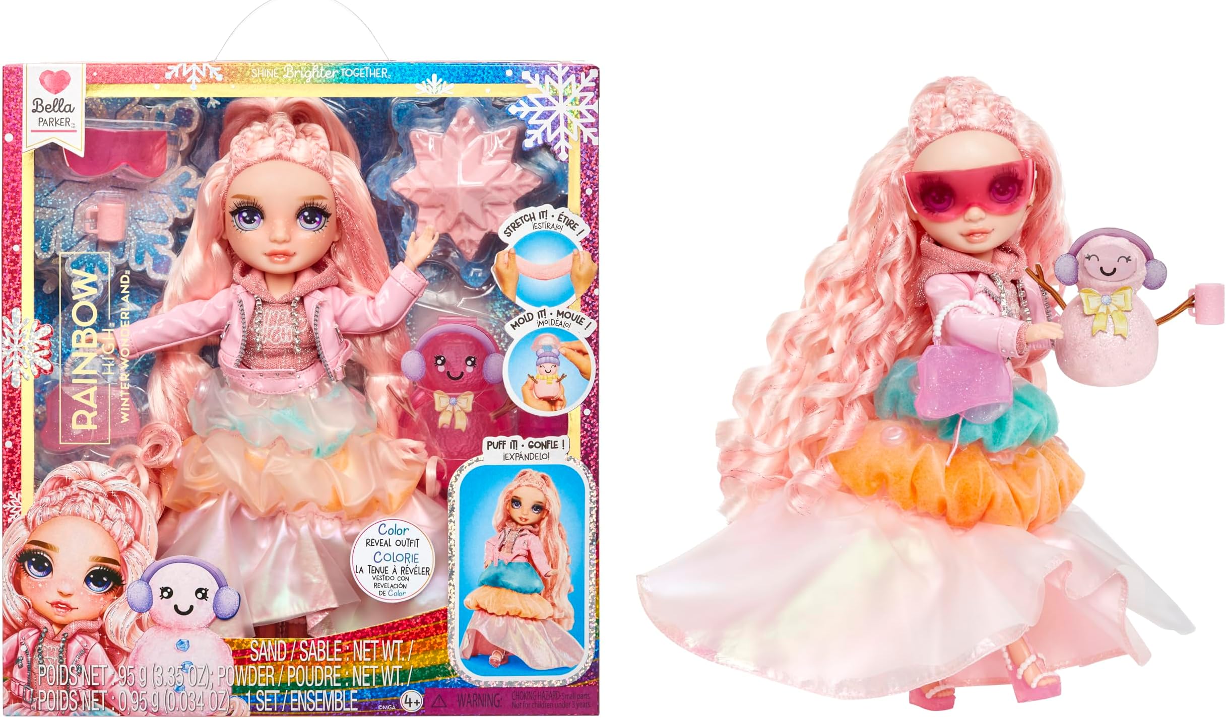 Winter Wonderland Bella - Pink 11” Fashion Doll with Magic Snow Hidden in Fashion That Puffs Up with Water, and Snowman Kit, Great Gift for Kids 4-12 Years Old