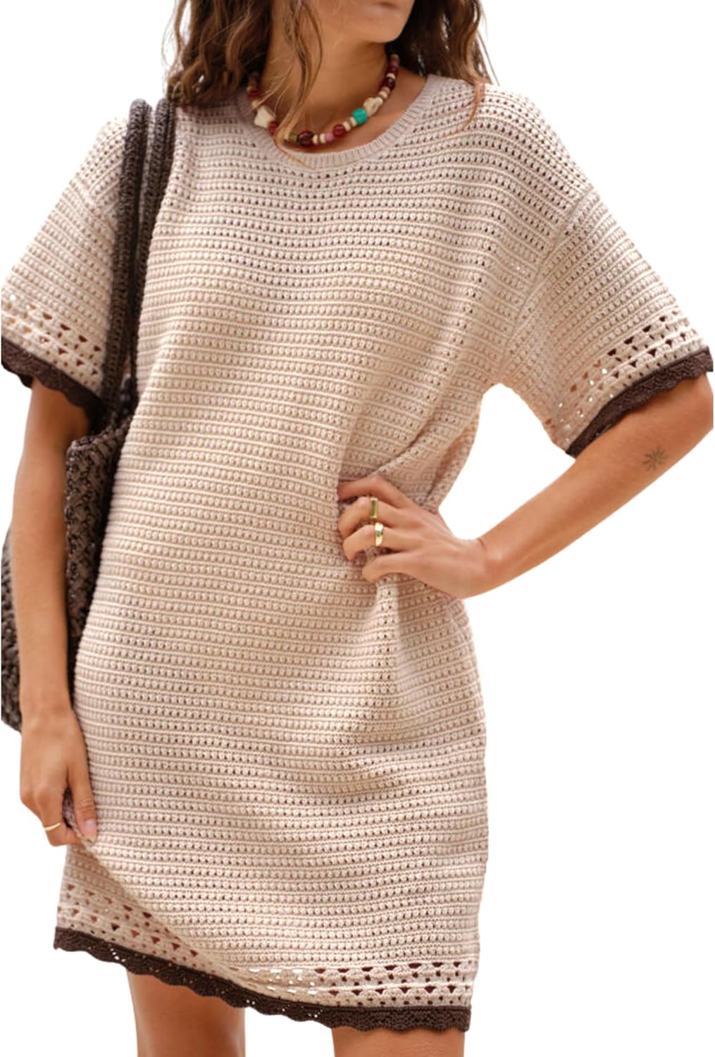 Huaqiao Women Short Sleeve Crochet Knit Dress Color Block Crew Neck Mini Dress Pullover Beach Swim Cover up