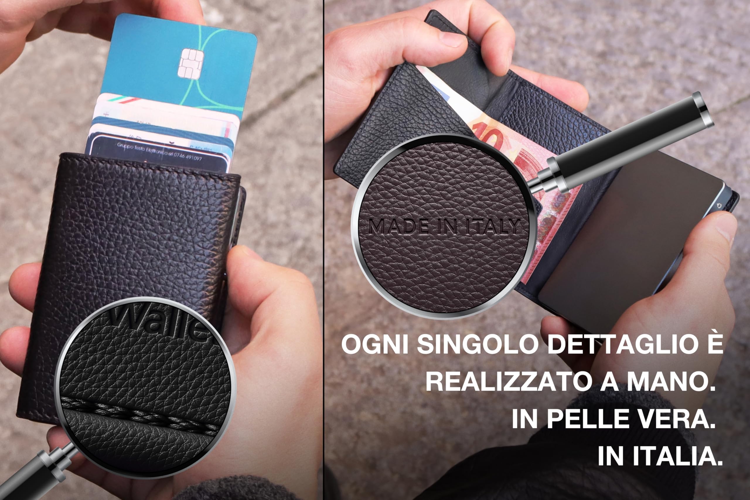 EverWallet Portafoglio Uomo Slim in Pelle Vera e Alluminio - Made in Italy - Porta Carte di credito Smart Compatto, Meccanismo Espulsione, Blocco RFID – Minimalista e Sottile (Nero)
