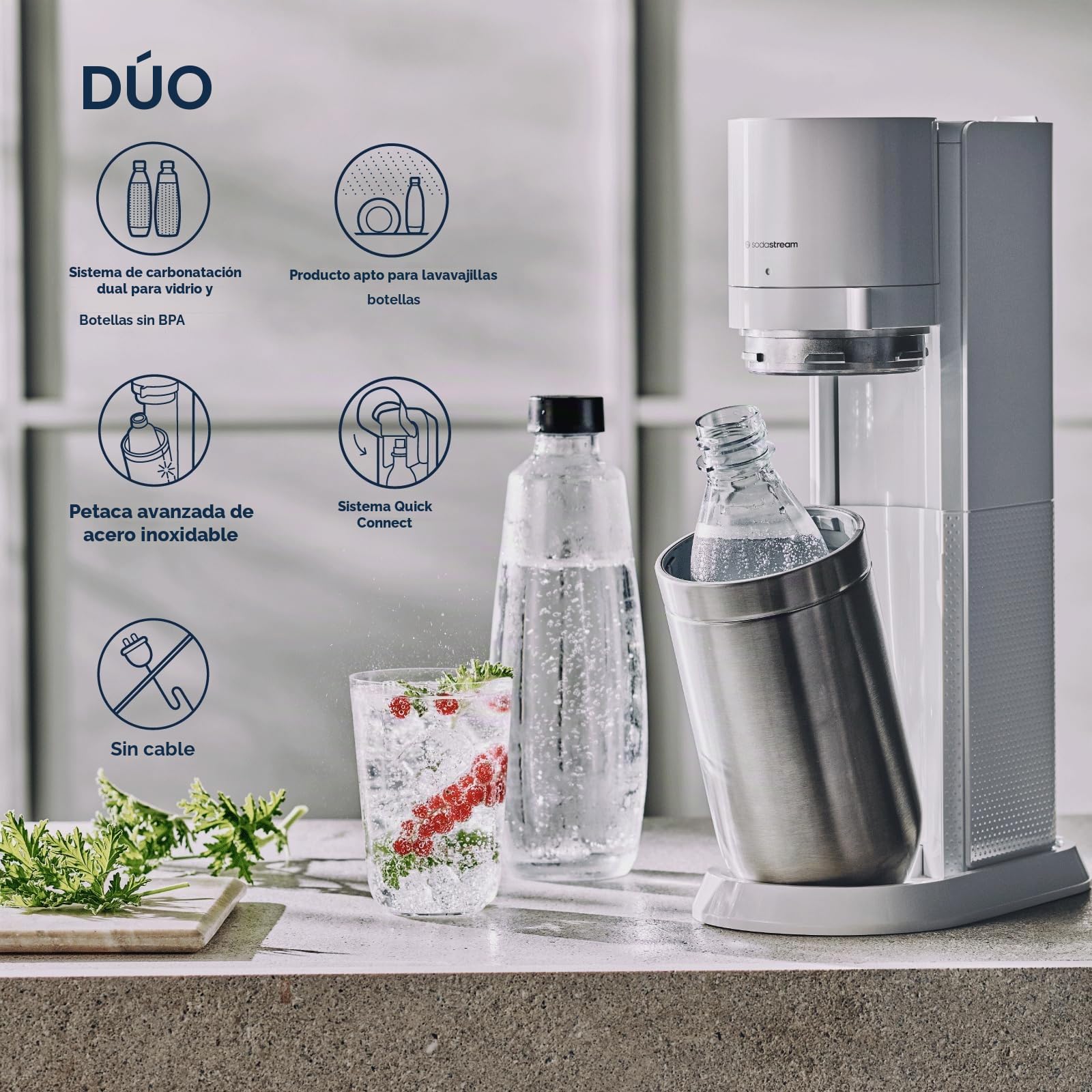 SodaStream Duo - Máquina de agua con gas y 2 botellas de agua con gas de 1 litro, fabricante de bebidas retro con botella de agua sin BPA, jarra de vidrio y botella de gas CO2 para agua carbonatada en