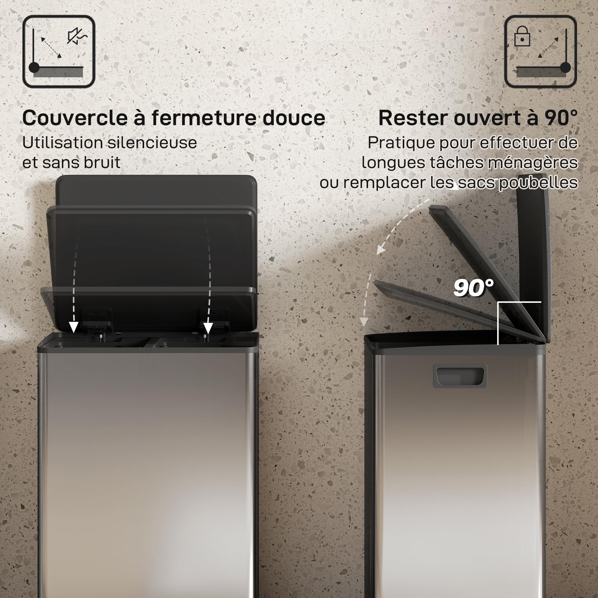 HOMCOM Poubelle à double compartiment 2 x 30L, poubelle de cuisine à pédale tri sélectif en acier inoxydable, seaux intérieurs, couvercle à fermeture douce et maintien en ouverture, poignées, argent