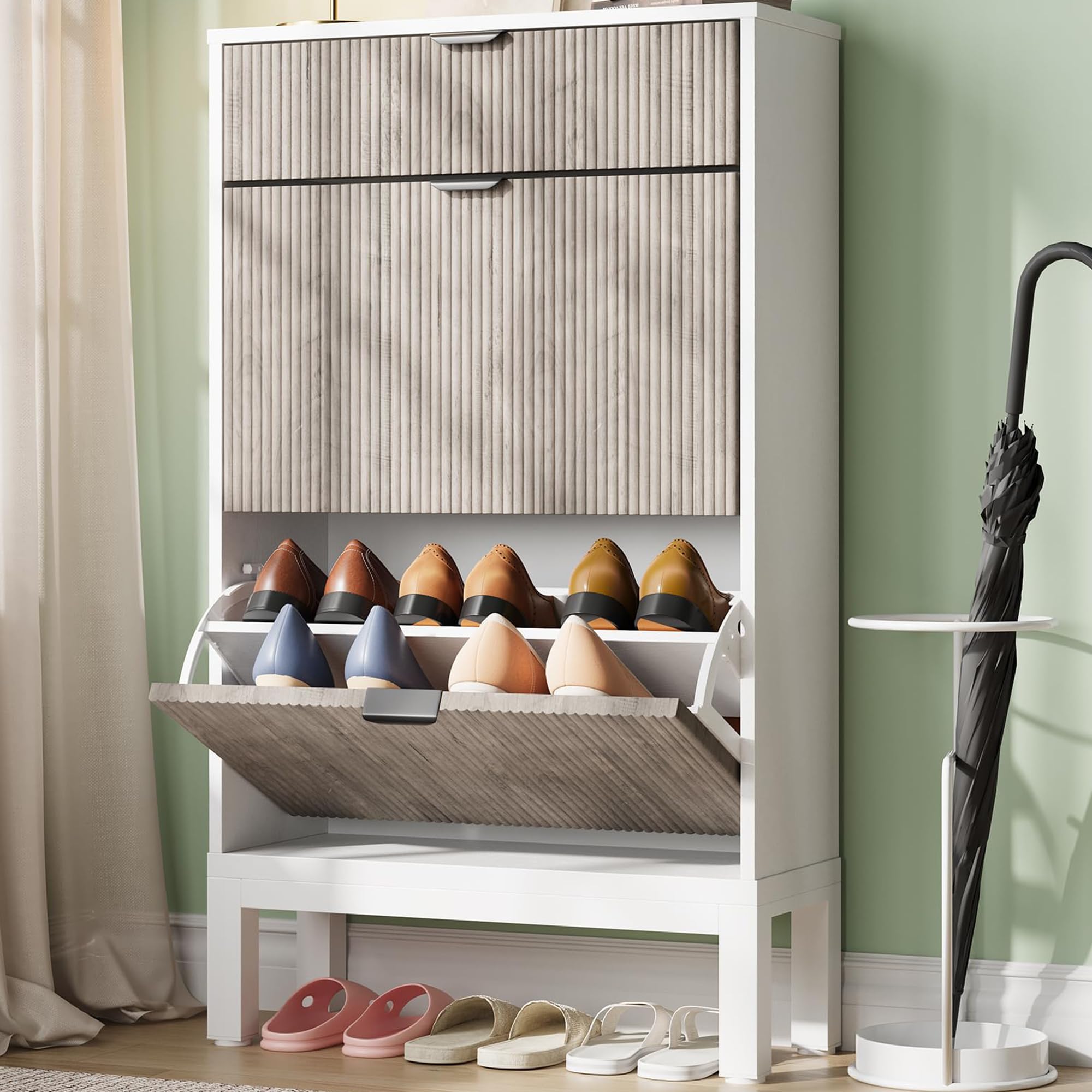 Zapatero Estrecho de Madera - Zapatero Volcable con 2 Puertas y 1 Cajón - Decoración con Patrón Ondulado - con Manijas Metálicas - Ideal para Entrada, Pasillo y Recibidor - Blanco & Gris