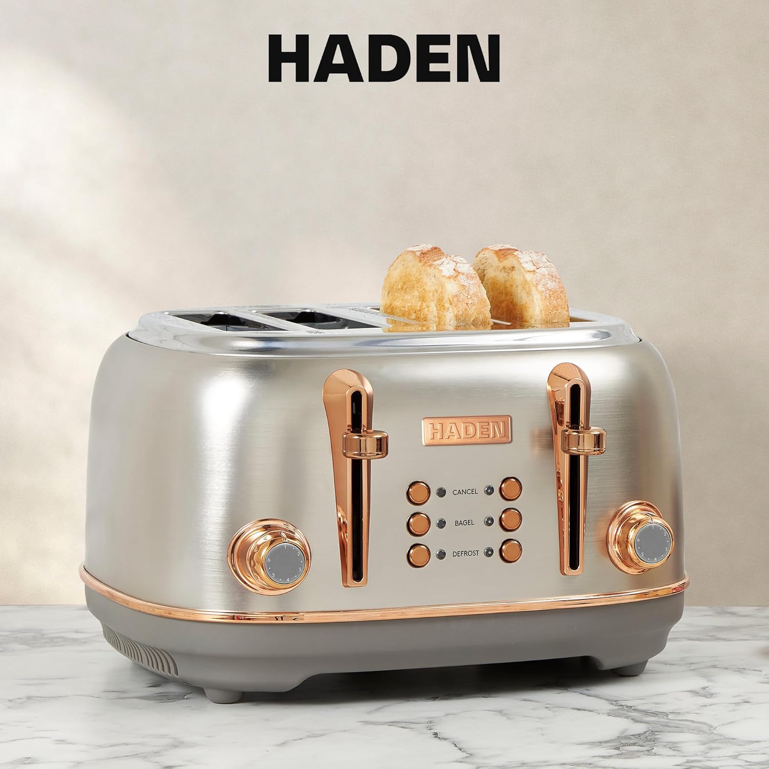 Haden Heritage 4 Slice Wide Slot Stainless Steel Toaster Bundled with 1.7 Liter Stainless Steel Electric Water Kettle, Steel & Copper