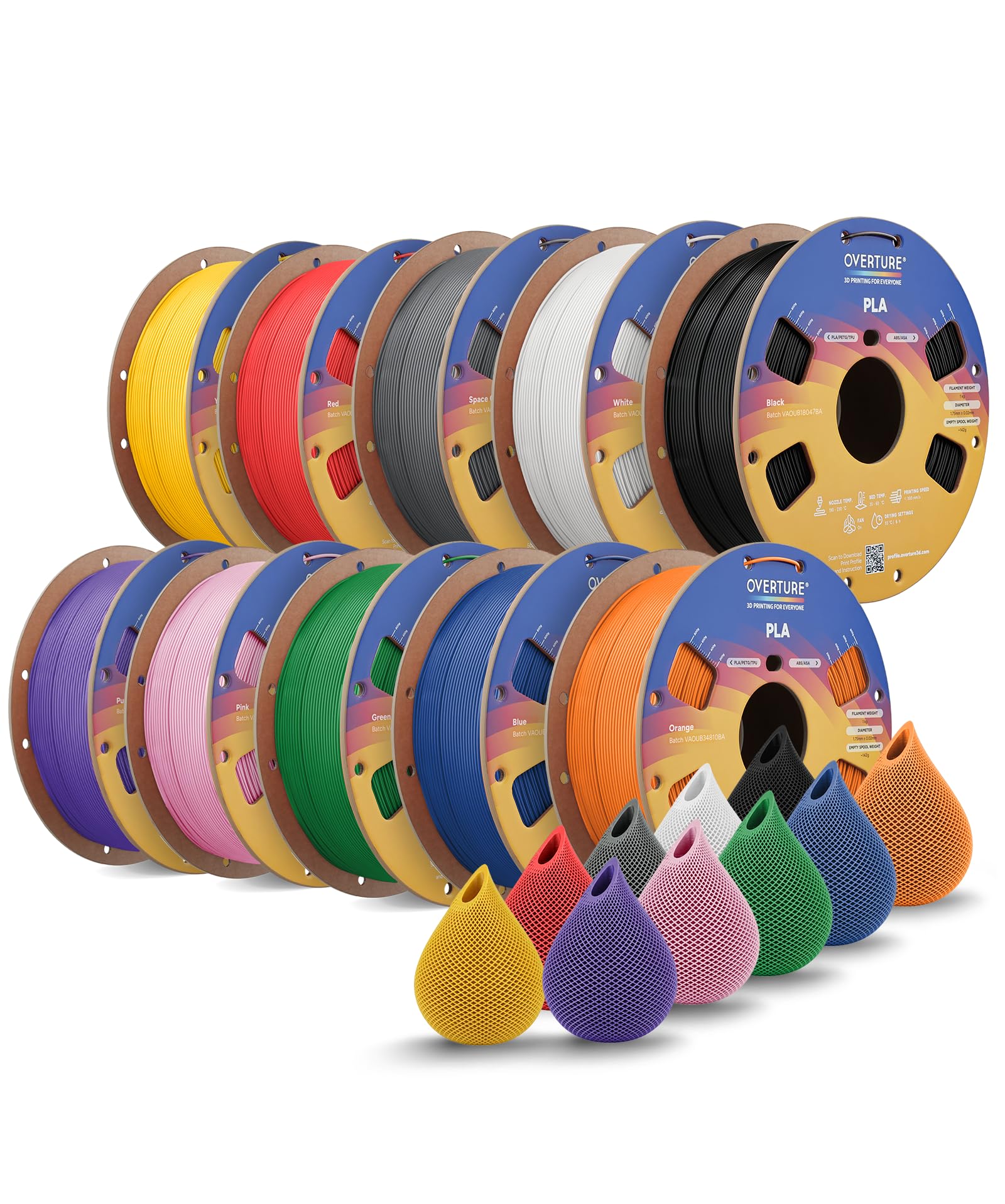 OVERTURE Szpula filamentu PLA 1 kg, 1,75 mm, kolor czarny x 1 + biały *1 + kosmiczny szary *1 + czerwony x 1 żółty * 1 + pomarańczowy * 1 + niebieski * 1 + zielony * 1 + różowy * 1 + fioletowy * 1 x