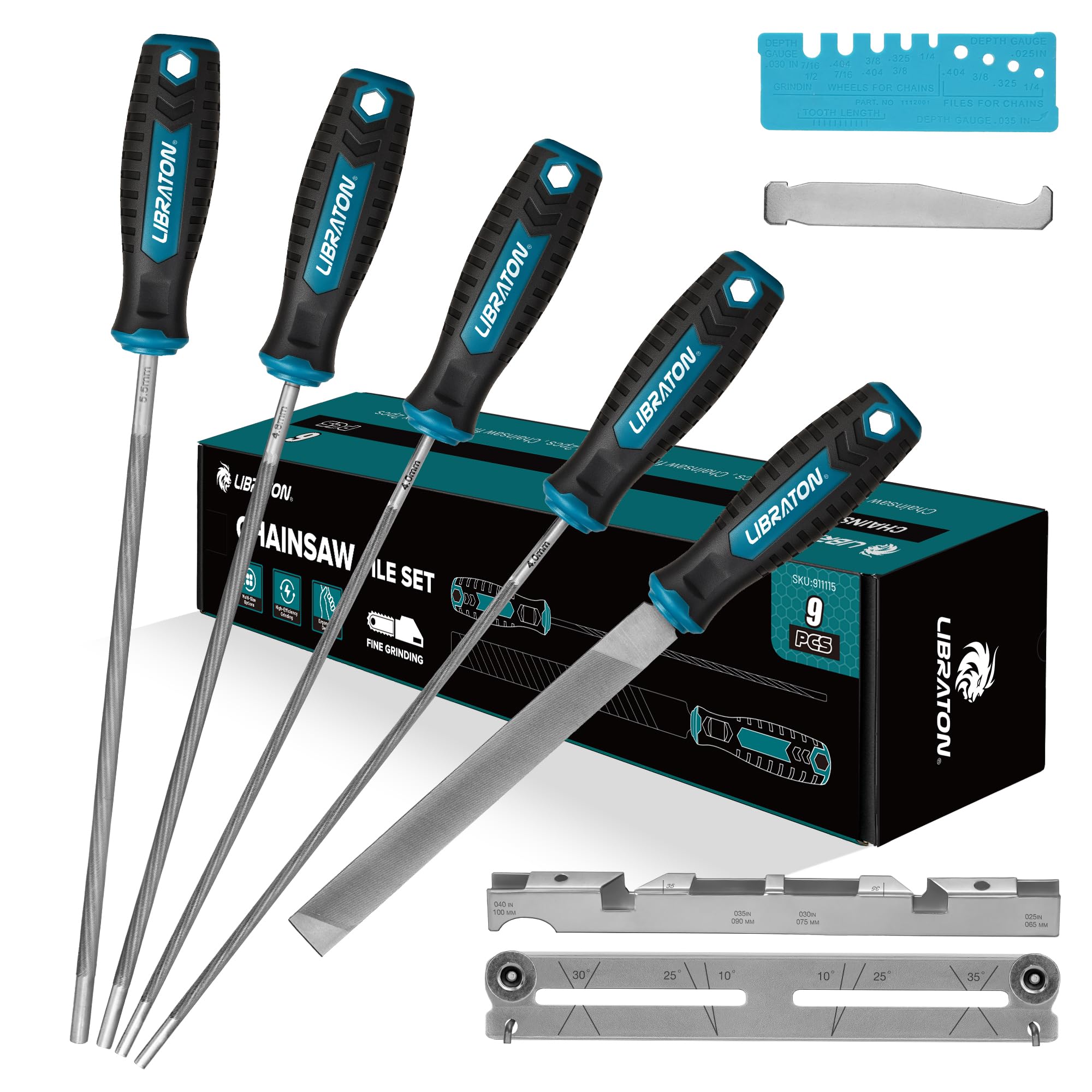 Libraton Chainsaw Sharpener Kit, 5/32", 3/16", 7/32" Chainsaw Files, Round Saw Chain File, 6" Flat File, Depth Gauge, Filing Guide, Check Gauge, Bar Groove Cleaner, Pouch, For Chainsaw Sharpening