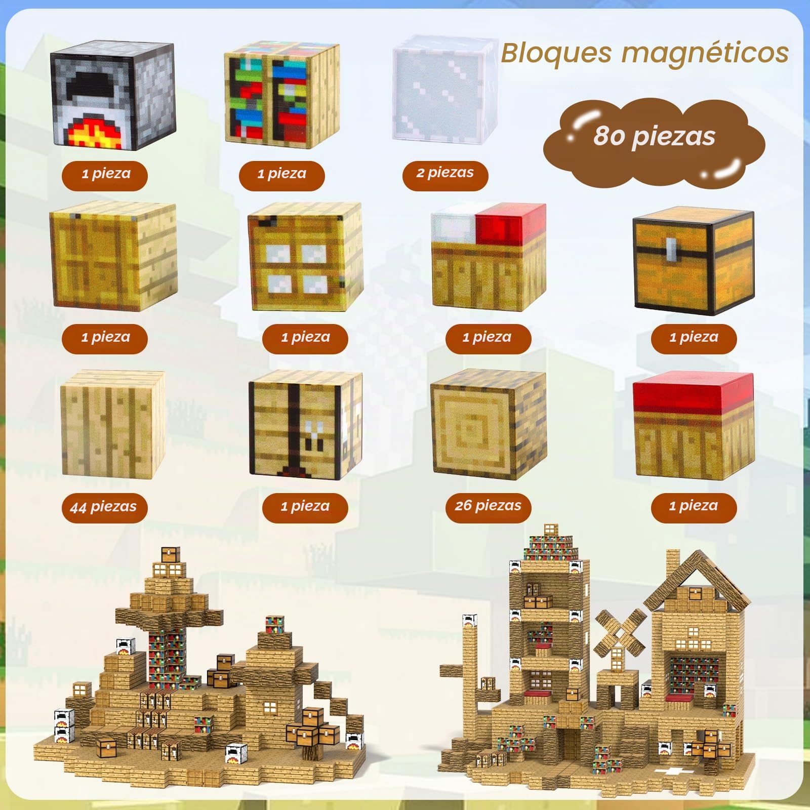80 Piezas Bloques de Construcción Magnéticos,Build Mine Imanes World Set,3D Juguetes de Construcciones Magneticas,Juguete Magnético para Niños y Niñas,Juguetes Montessori a Partir de 3 años
