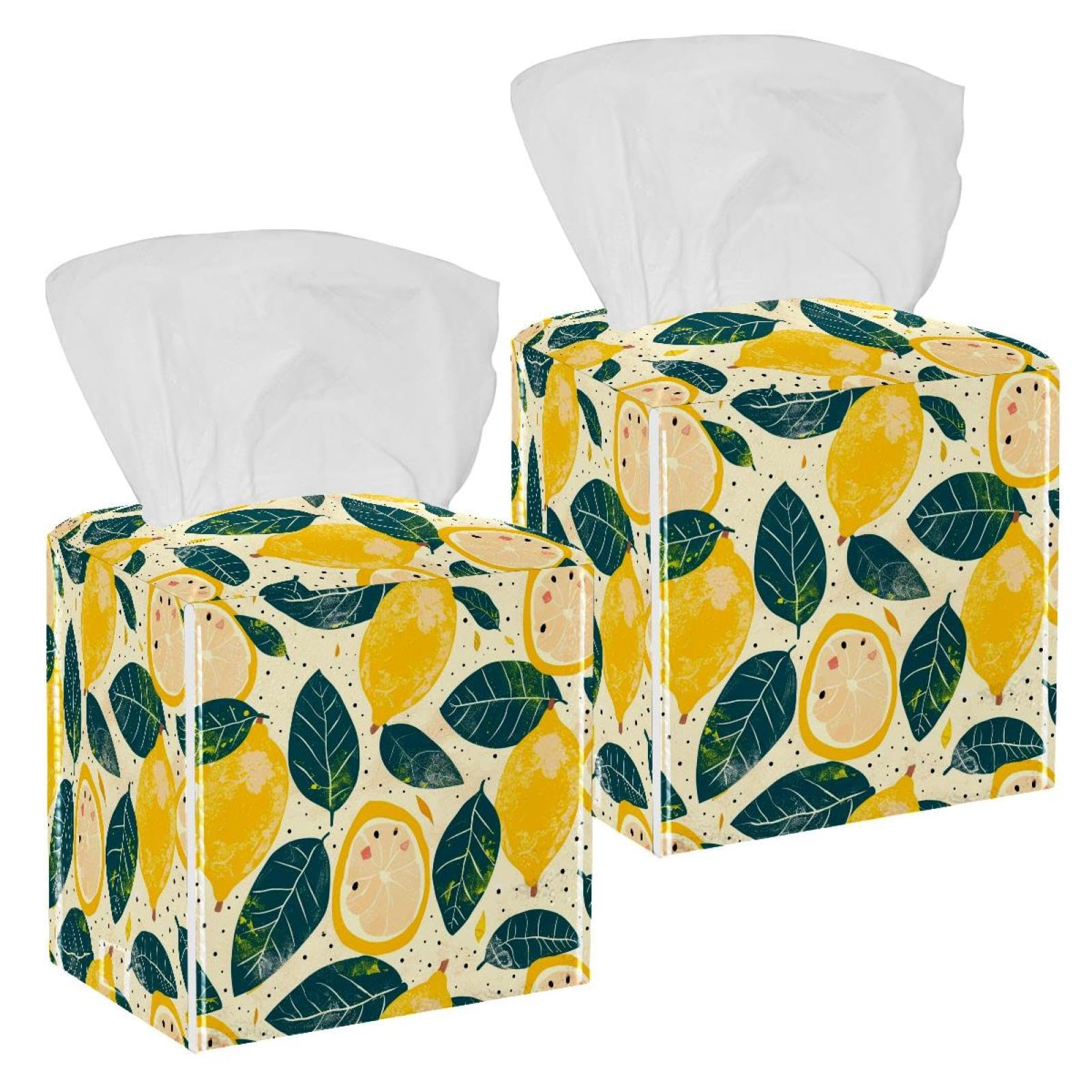Lemon Doodle Tissue Box Cover, 2 Pack PU Leather Square Facial Tissue Dispenser Box holder for Home Office Car