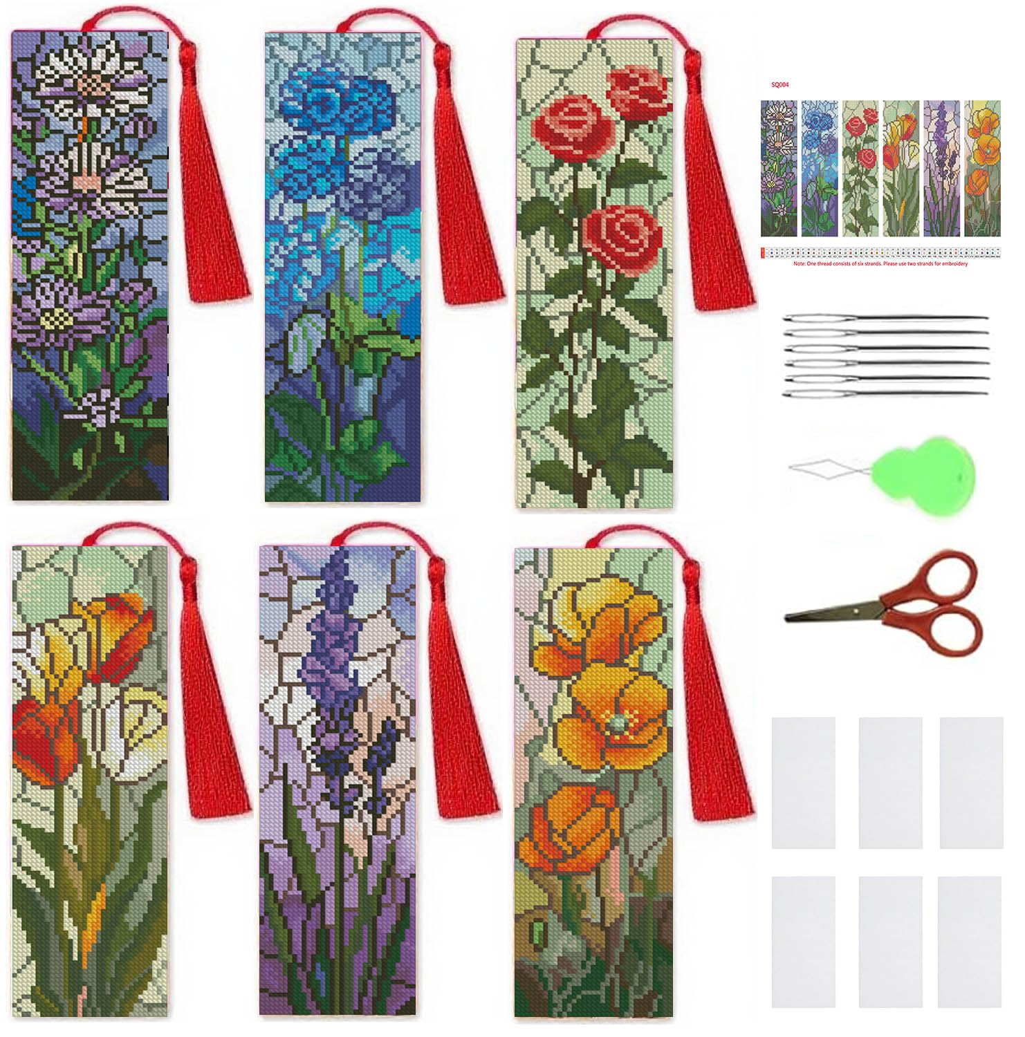 Jakener 6 Pcs Cross Stitch Bookmark Kit for Adult Beginners,Broken Glass Flowers Cross Stitch Kits 14 CT DIY Cross Stitch Kits Adult Stamped Bookmark Embroidery Bookmarks Kit