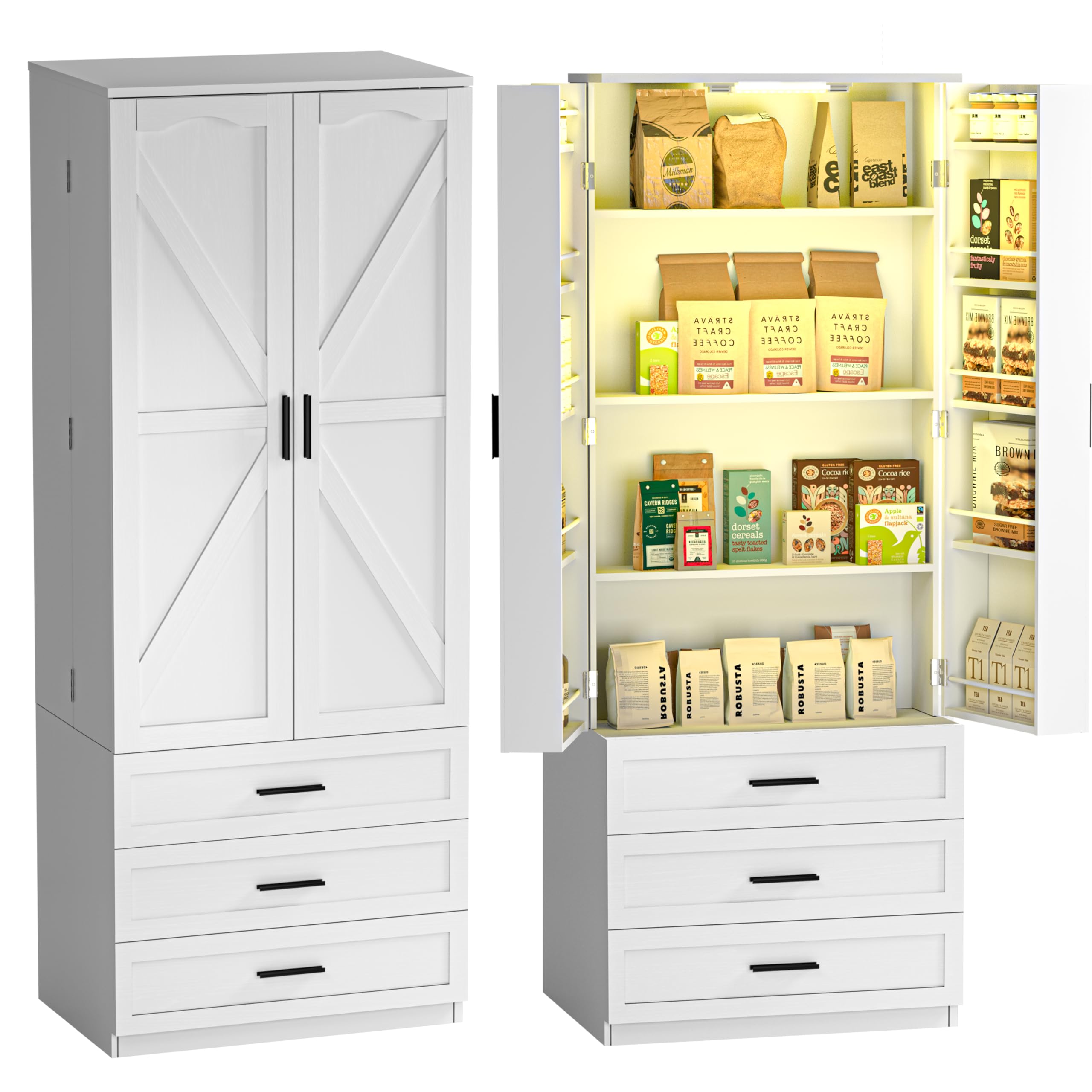 72" LED Kitchen Pantry Cabinet with 3 Drawers Farmhouse Tall Storage Cabinet Wood Food Pantry with Barn Doors and Adjustable Shelves Versatile Storage Freestanding Cupboard for Kitchen