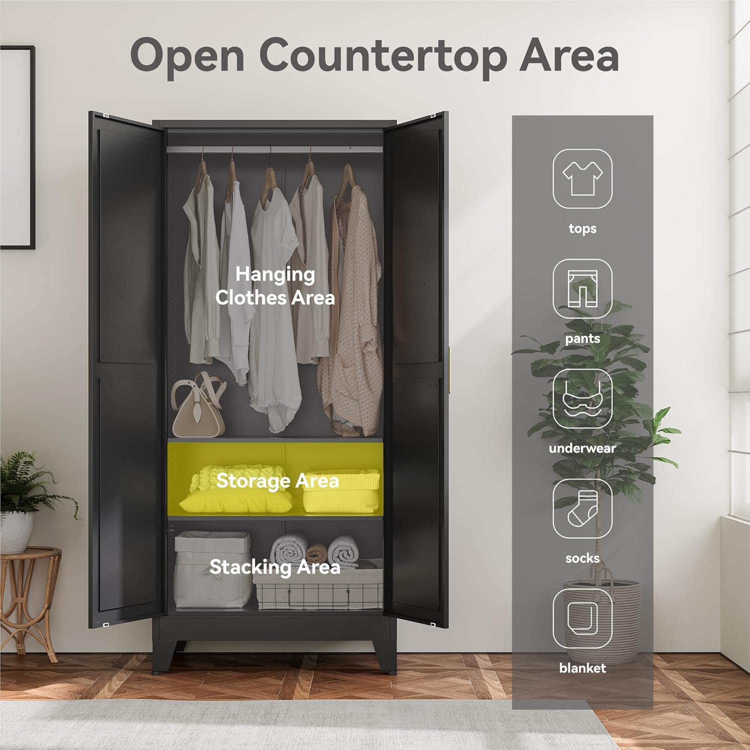 Farmhouse Wardrobe Cabinet,Metal Wardrobe Closet with Hanging Rod,Metal Armoire with Adjustable Shelves for Bedroom,Cloak Room,Office (Black)