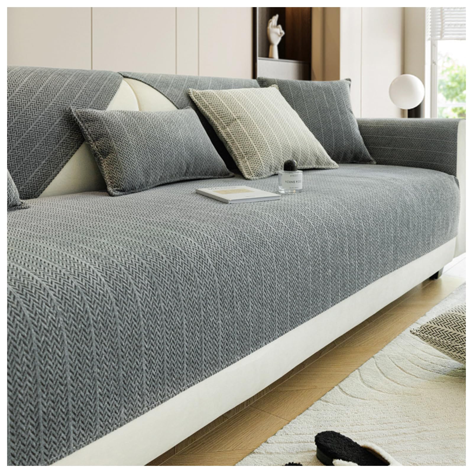 Solid Color Chenille Anti-Scratch Herringbone Couch Cover, Non Slip Sofa Cover, Washable All-Seasons Anti-Scratch Home Decoration Slipcover for Living Room (Grey,110 * 210cm)