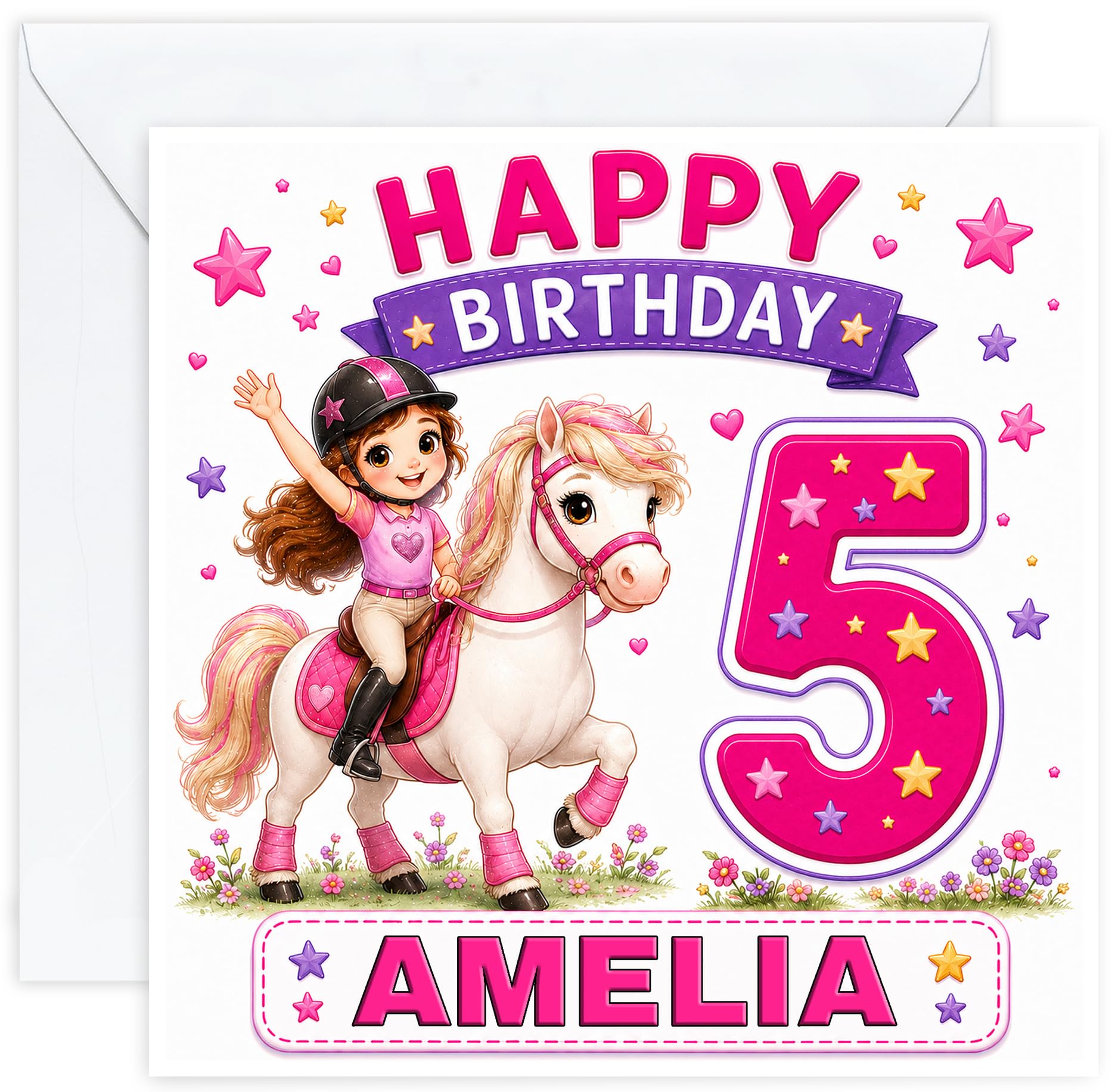 Personalised Girls 5th Birthday Card – Horse Riding – Name