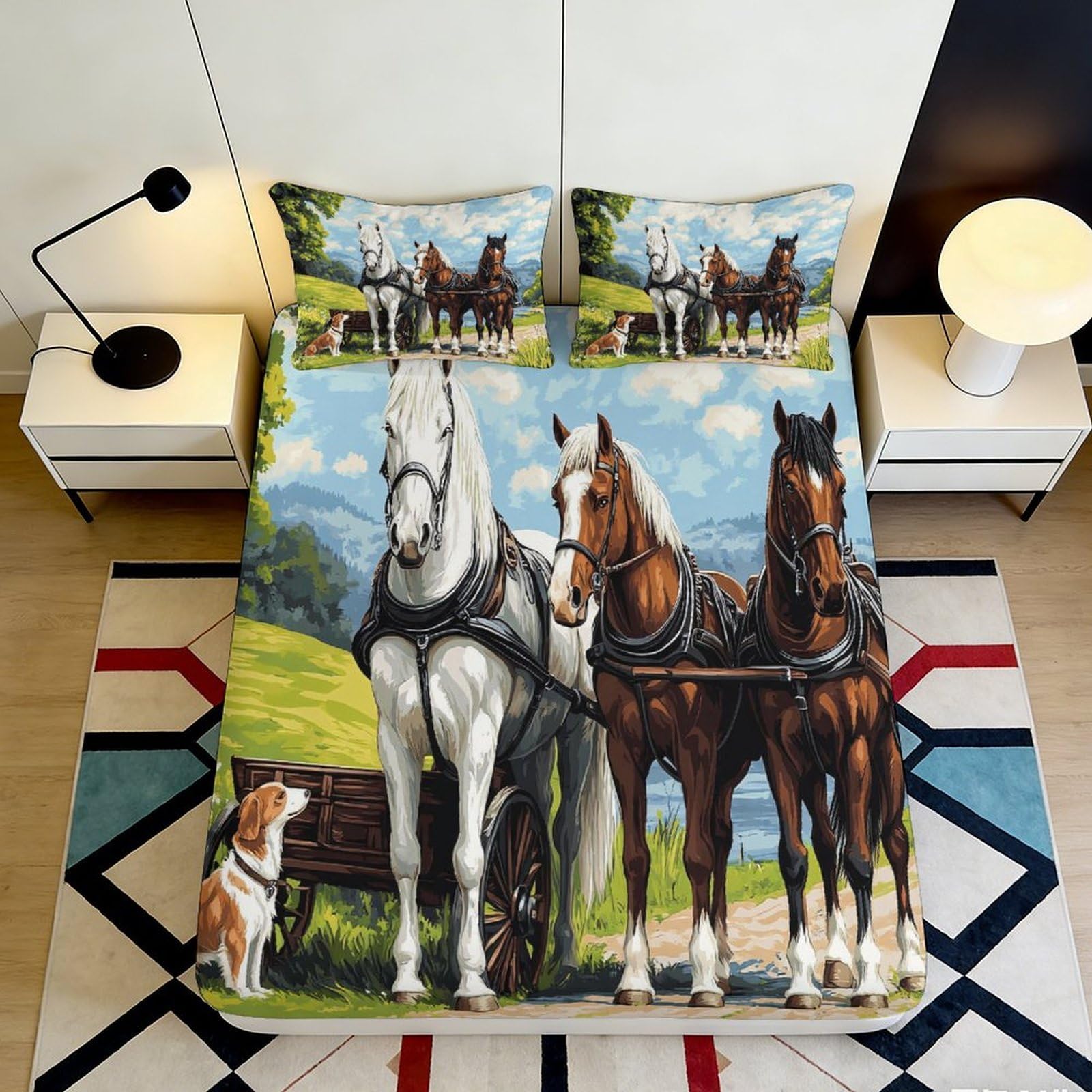3D Printed Horse Landscape Fitted Sheet Microfiber Soft Breathable Countryside Bed Cover for Bedroom Dormitory Guest Room Mattress Protection Decor 180x200x25cm