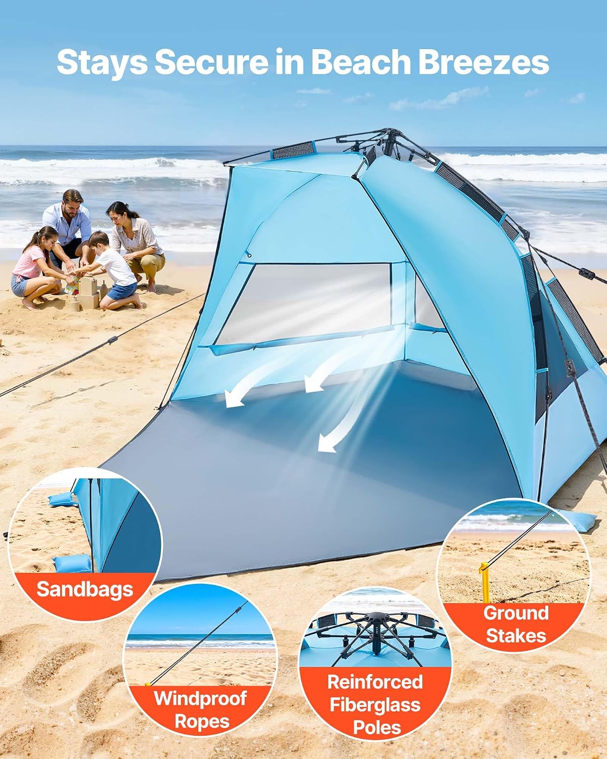 VEVOR Beach Tent Sun Shelter for 4 Person, Pop Up Beach Tent UPF 50+ Protection, Portable Sun Shade Canopy with Carrying Bag and Sand Pockets, Easy Setup Umbrella for Camping Fishing Outdoor Picnic