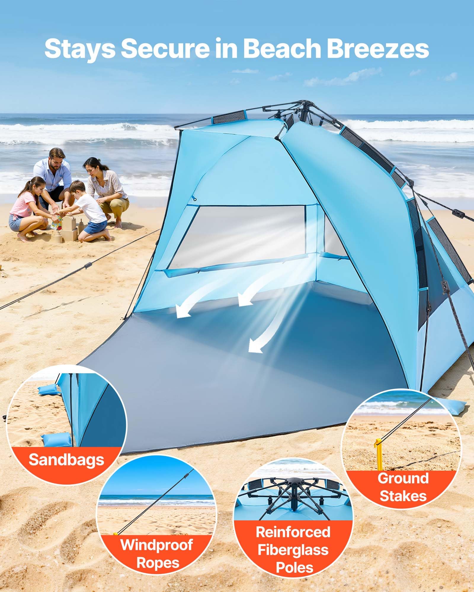VEVOR Tienda de Playa para 4 Personas 250 x 130 x 145 cm, Carpa de Refugio de Sol Protección UPF 50+, Carpa Portátil de Playa con Bolsa de Transporte y Bolsillos para Arena, para Picnics, Azul