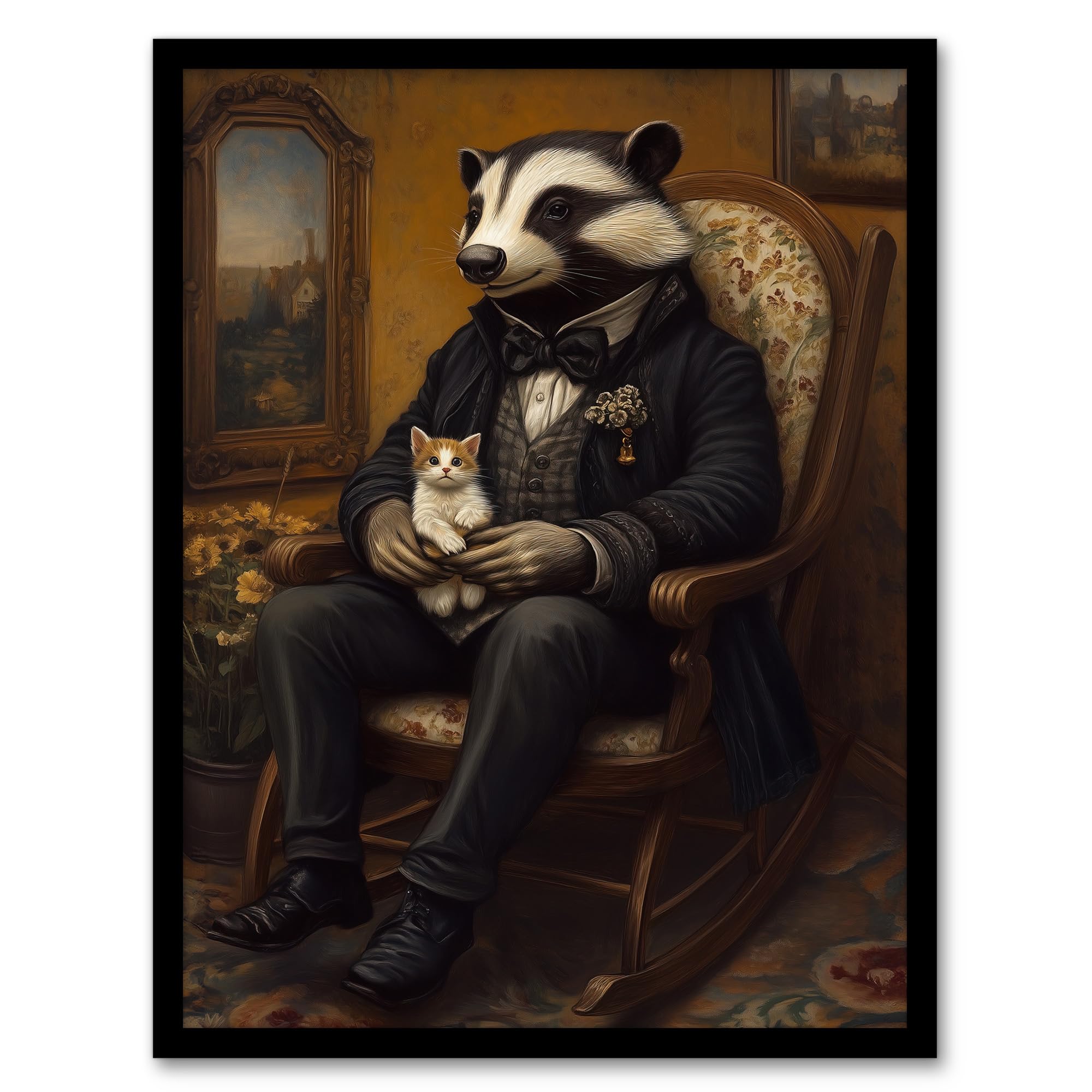 Artery8 Victorian Badger with Kitten on Rocking Chair Living Room Artwork Framed Wall Art Print A4