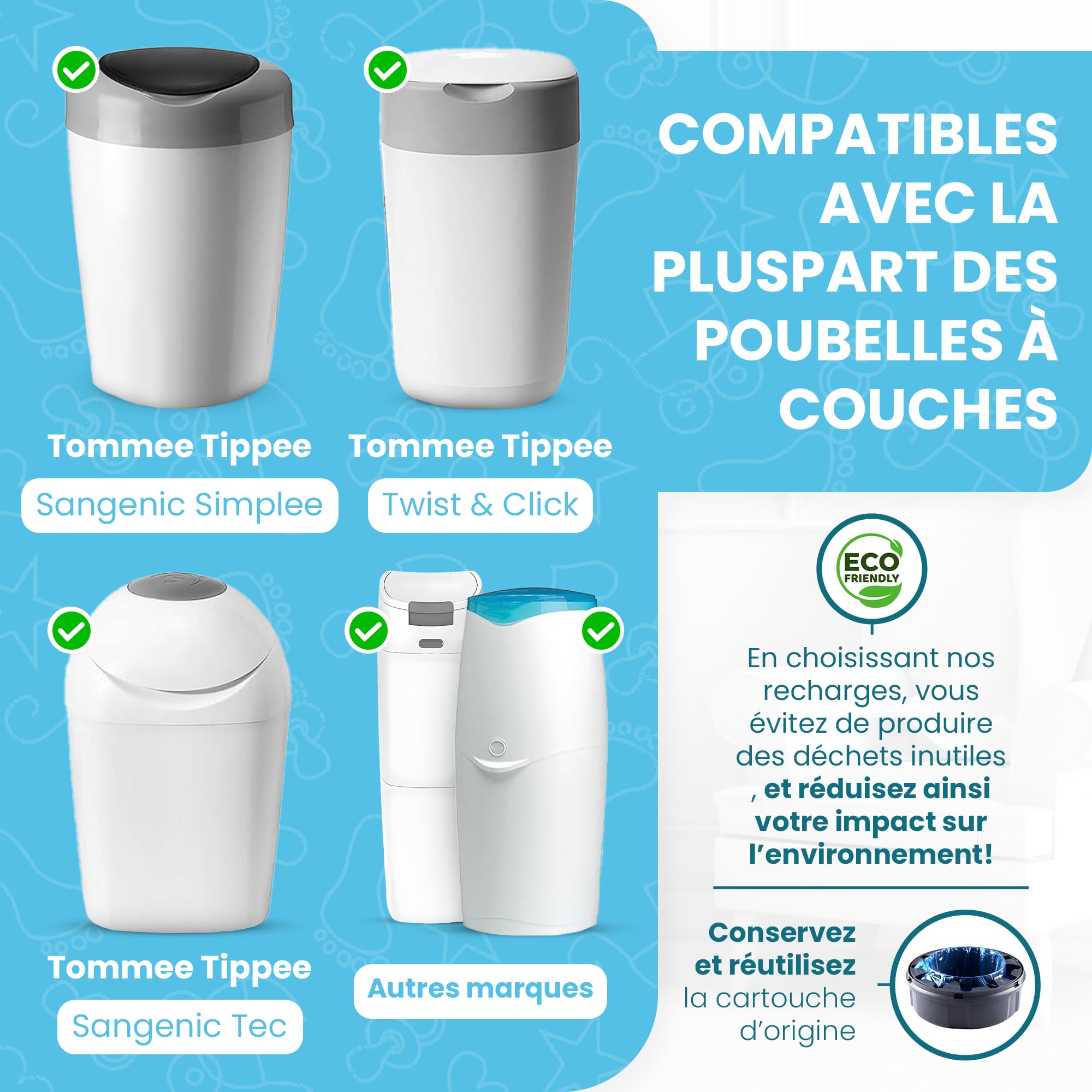 VibeGifting® Pack XXL-9 Recharge Poubelle à Couche 10 m Compatible Tommee Tippee Angelcare Antibactérien Parfumé Anti-Odeur Sans BPA Recyclé