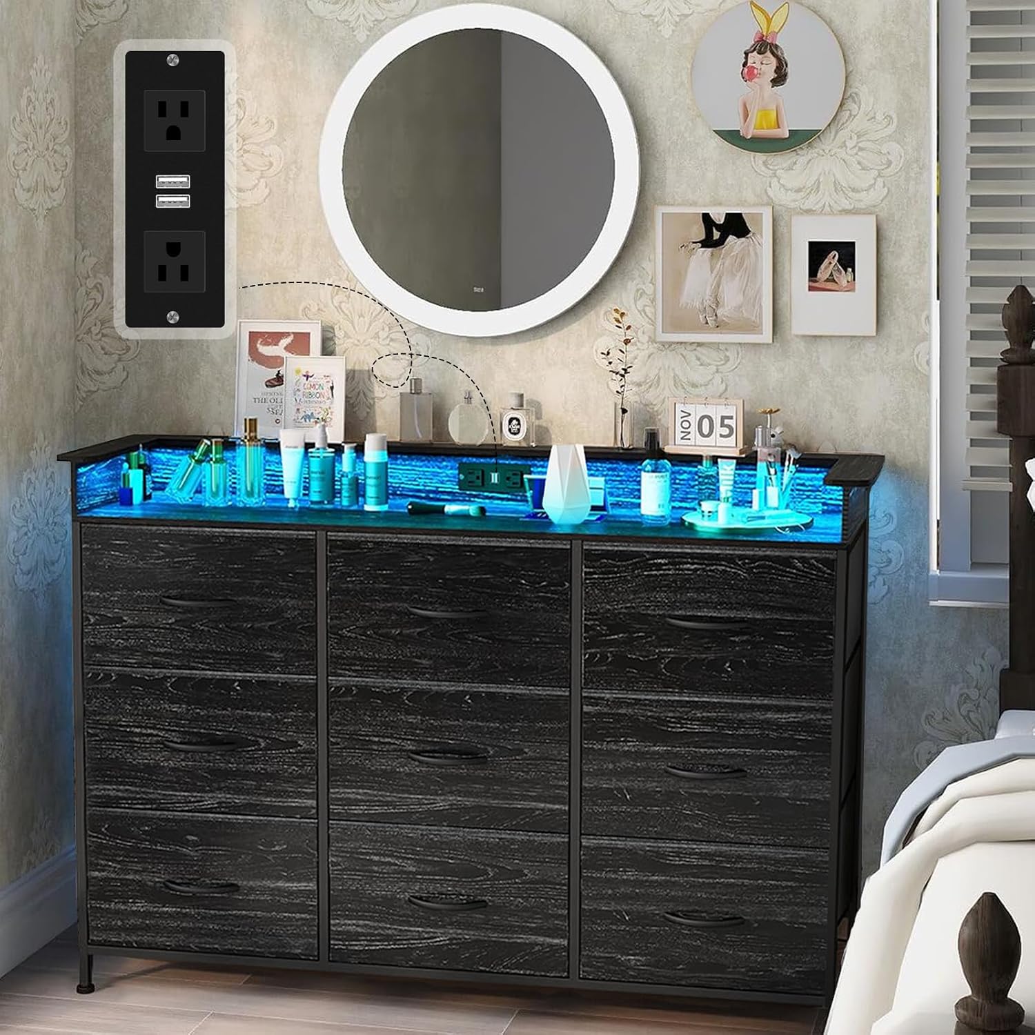 Dresser in a bedroom setting with LED lights on and devices charging