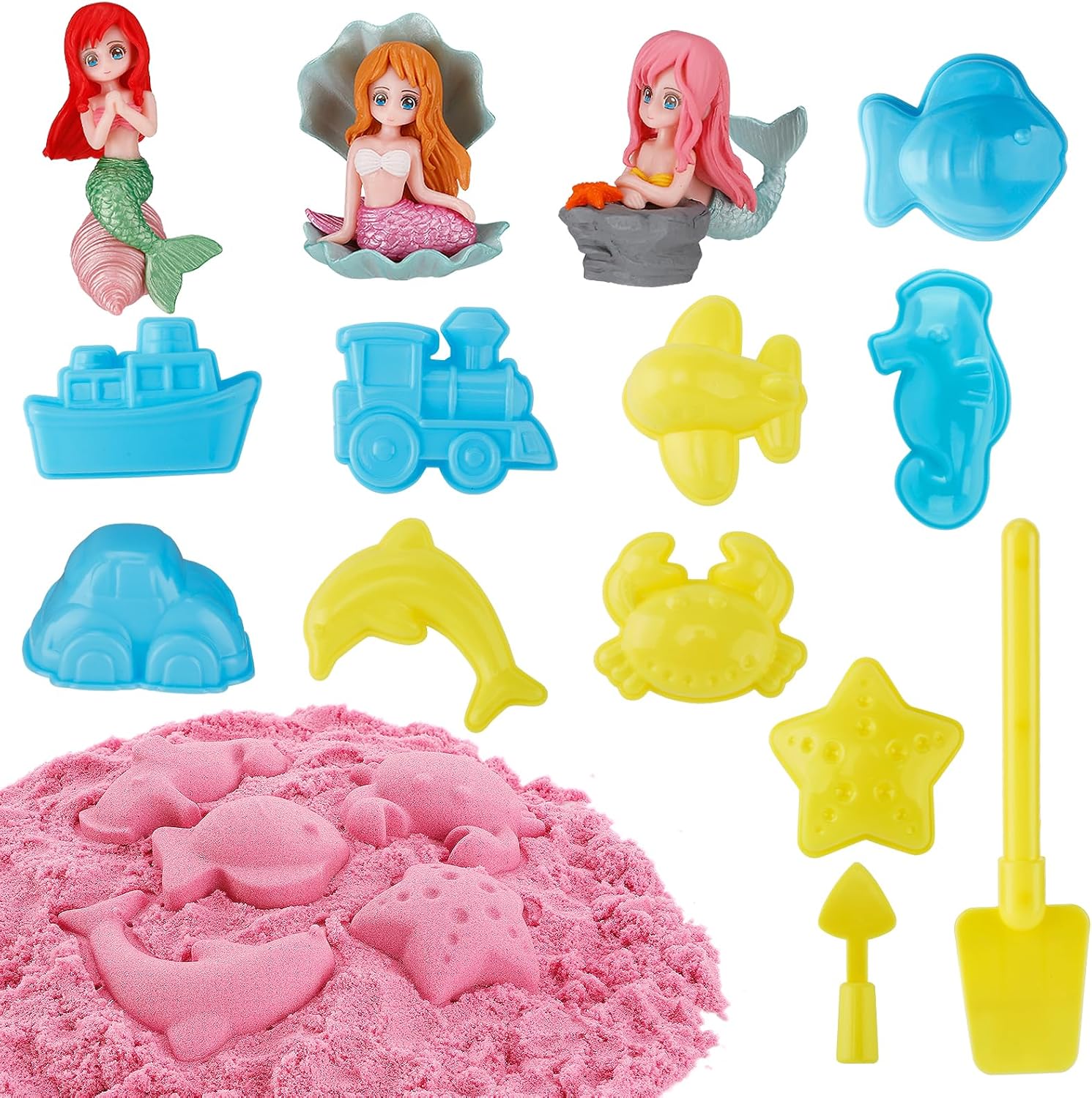 Sensory Bin Toys – Play Sand Kit for Girls Age 3-5, Mermaid Sensory Bin Filler Accessories with Sensory Sand 11 Molds Tools, Moldable Sensory Toys Creativity for Kids with Autism