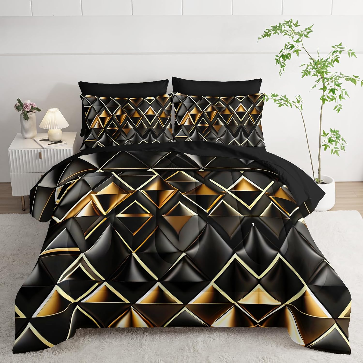 lneffble 7 Piece Black and Gold Queen Comforter Set Geometric Pattern，Queen Quilt Bedding Set Checkered，(1 Comforter, 1 Flat Sheet, 1 Fitted Sheet, 2 Pillowcase and 2 Pillow Sham)