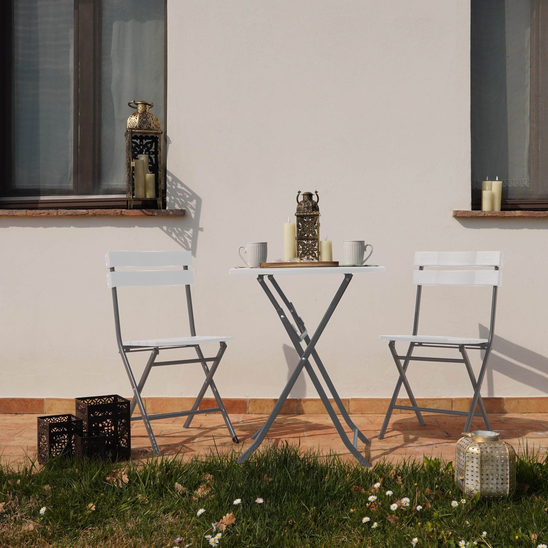 Rebecca Mobili Table De Balcon Pliante, Table d'Appoint d'Extérieur, Acier Hdpe, Blanc Gris Clair, Peu Encombrante, pour Jardin Camping - Dimensions HxLxP : 74 x 60 x 60 cm - Art. RE6819