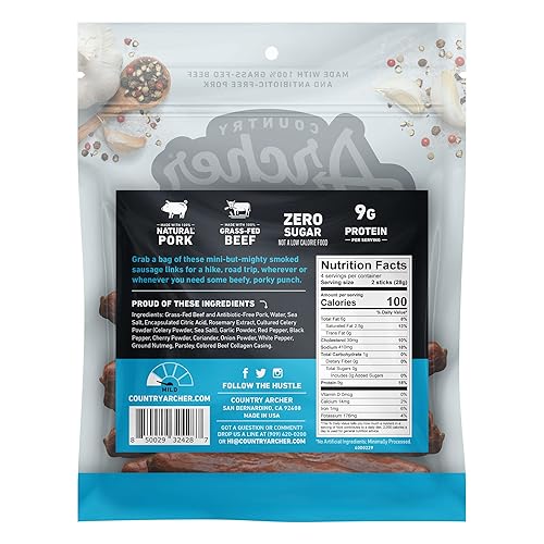 Miniatura 2 de Country Archer Salchichas ahumadas  Enlaces de salchicha sin azúcar, palitos de salchicha ahumada con carne de res alimentada con pasto y cerdo sin