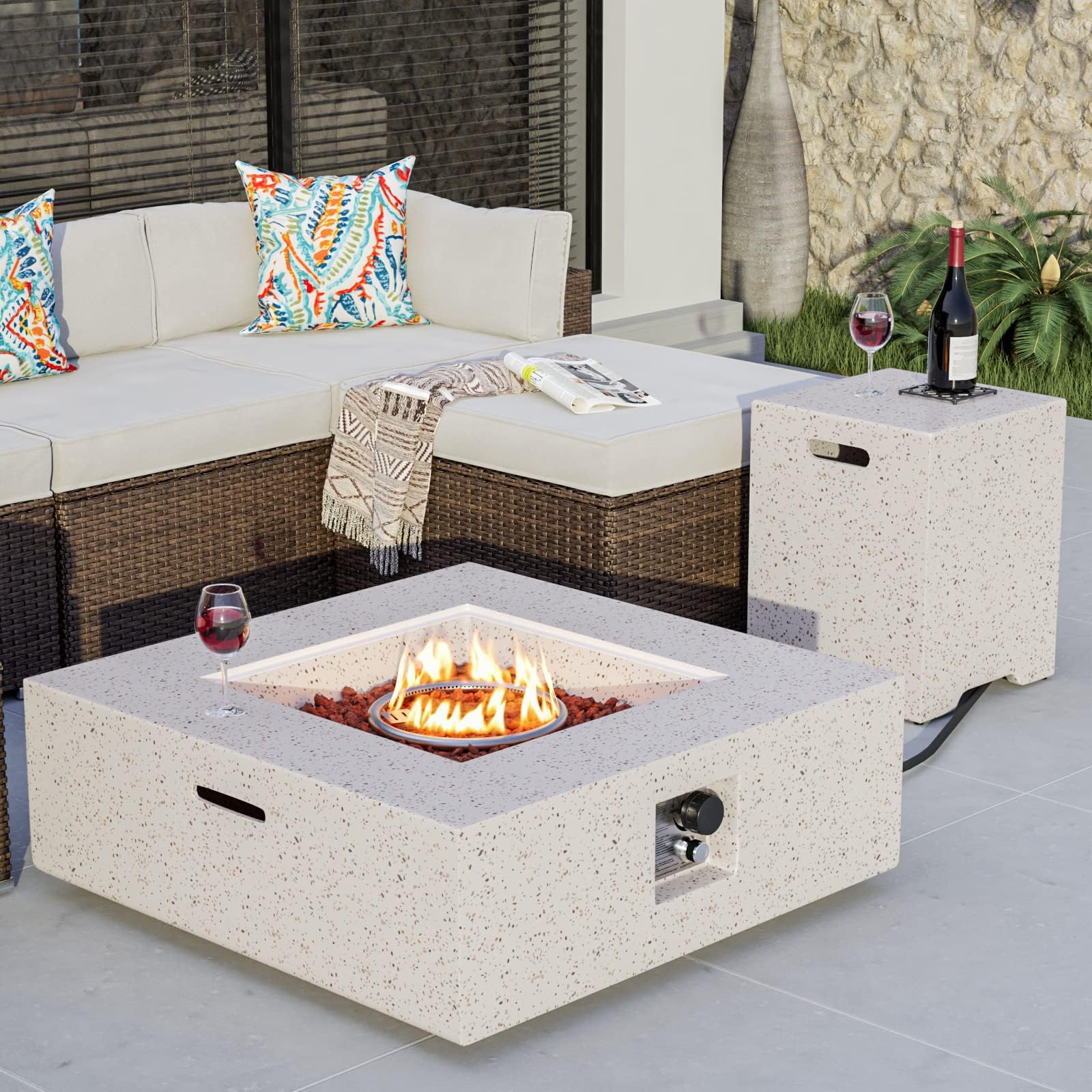 COSIEST 2-Piece Outdoor Propane Fire Pit Table Set w Tank, Beige Faux Stone 35 inch Square Fire Table w Certified, 50,000 BTU Stainless Steel Burner, w 20lb Hideway Tank Cover for Garden, Porch