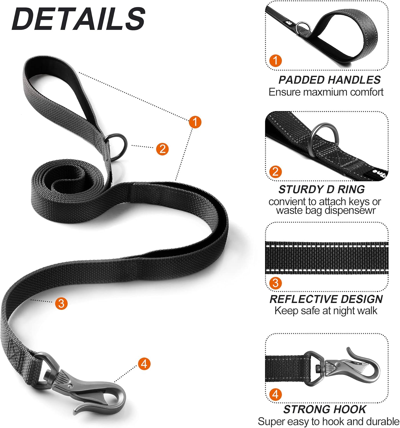 TwoEar 6FT 1IN Strong Black Dog Leash with 2 Padded Handles, Traffic Handle Extra Control, Comfortable Soft Dual Handle, Auto Lock Hook, Reflective Walking Lead for Small Medium and Large Dogs : Pet Supplies