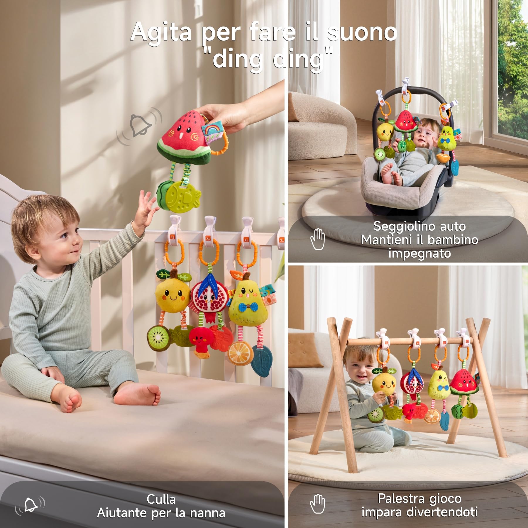 TUMAMA Giochi Sonaglio Per Neonato 0 3 4 6 9 12 Mesi, Gioco Montessori Sensoriali Per Neonati Passeggino Accessori Con Campana, Peluche Frutta Giocattoli Per Auto Culla Femmina Maschio Regalo (4pcs)