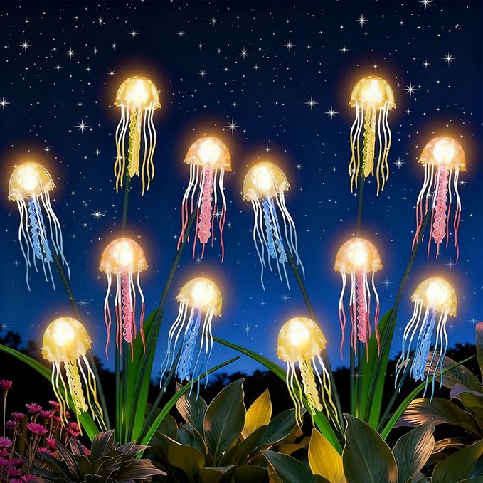 Outdoor Solar Garden Lights: 2 Pack 12 LEDs Waterproof Solar Powered Jellyfish Lights for Outside Ya...