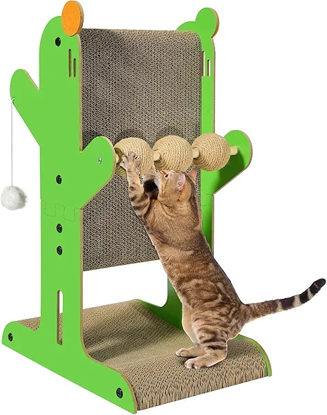 YEMOO ​Cat Scratcher, Double-Sided Cat Cardboard Scratcher, T Shaped Vertical Cat Scratcher for Wall and Couch Protection, Cat Scratching Post with 3 Sisal Balls and 2 Plush Ball Toys